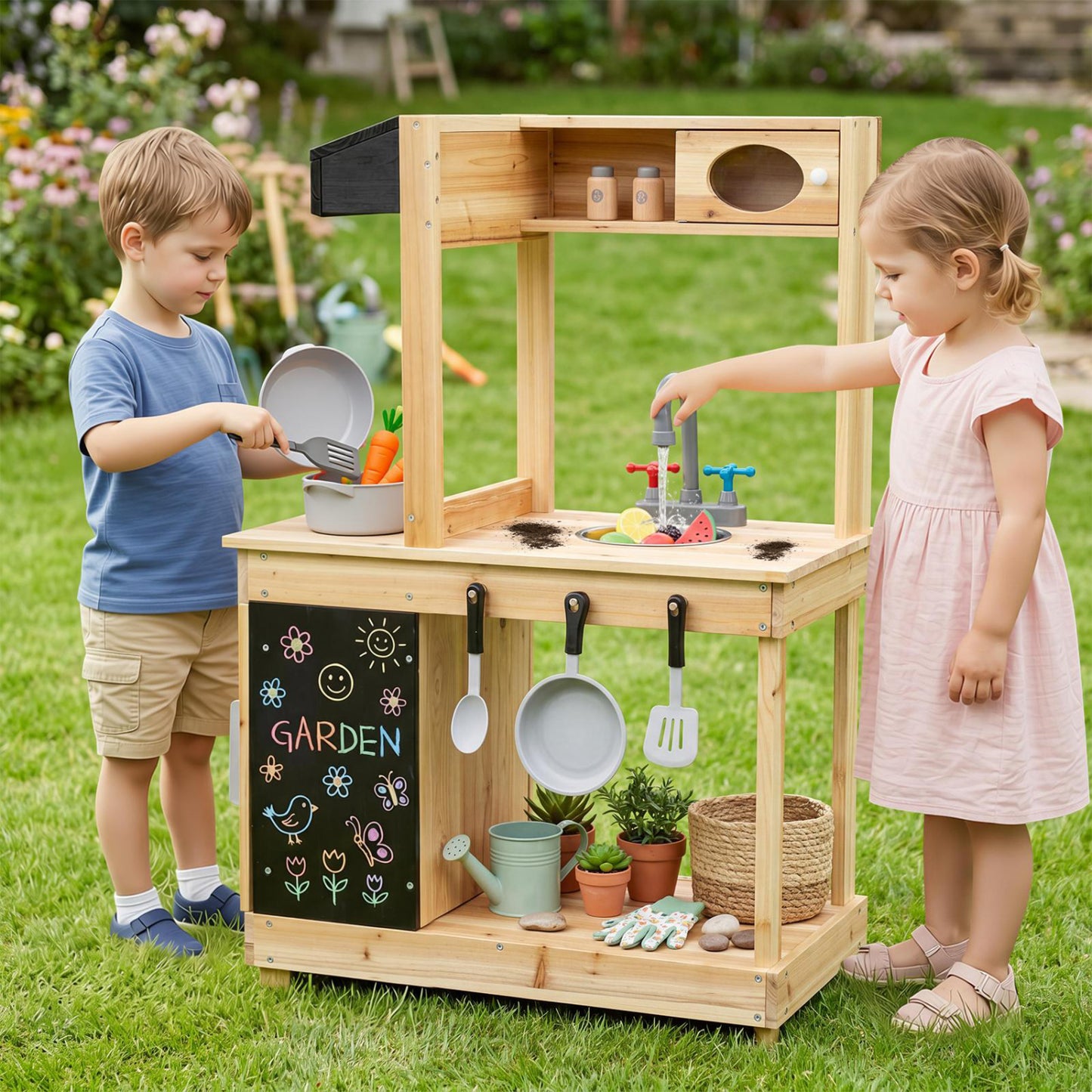 Kids Outdoor Wooden Mud Kitchen with Stoves and Chalkboard, Natural Play Kitchen Sets at Gallery Canada