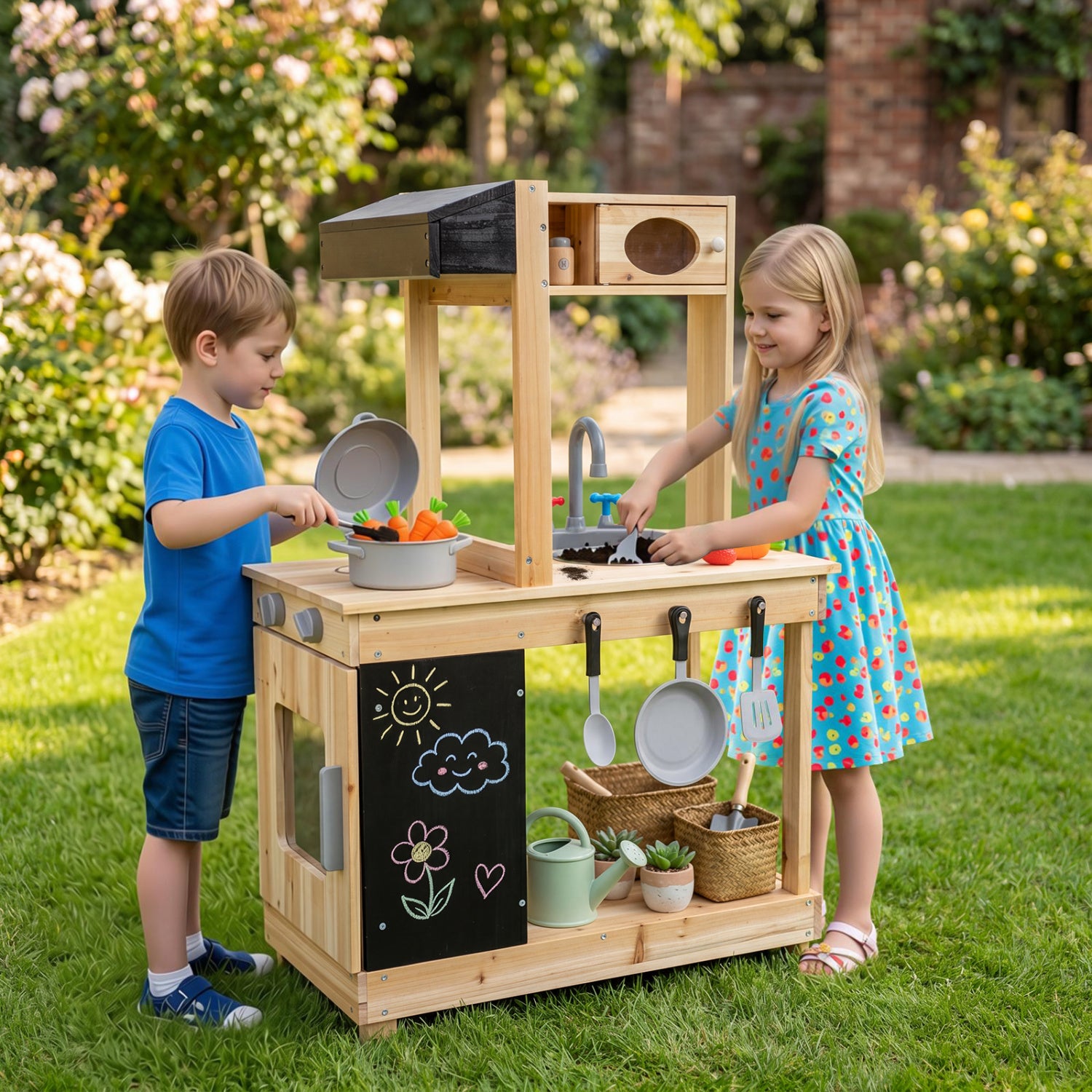 Kids Outdoor Wooden Mud Kitchen with Stoves and Chalkboard, Natural Play Kitchen Sets at Gallery Canada
