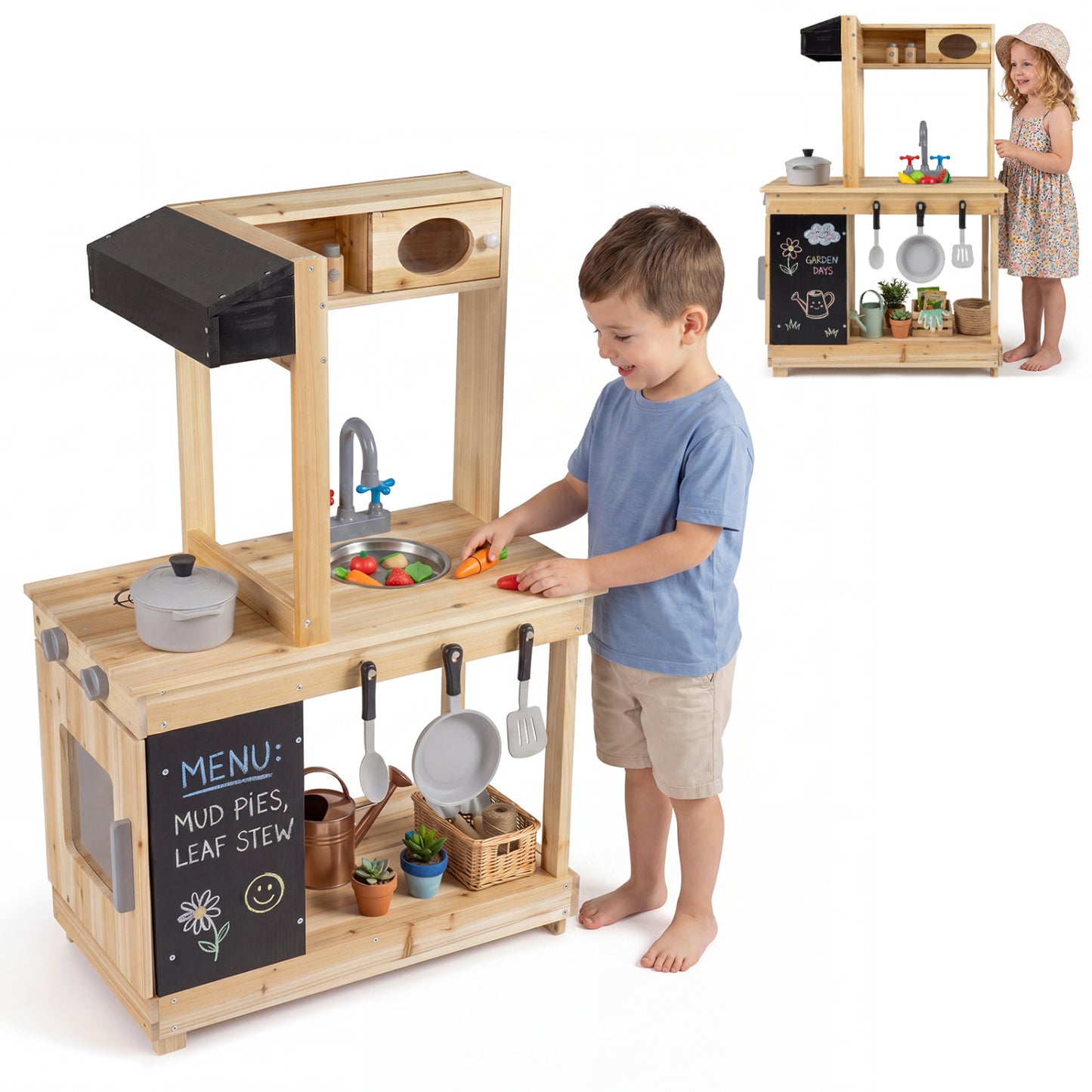 Kids Outdoor Wooden Mud Kitchen with Stoves and Chalkboard, Natural Play Kitchen Sets at Gallery Canada