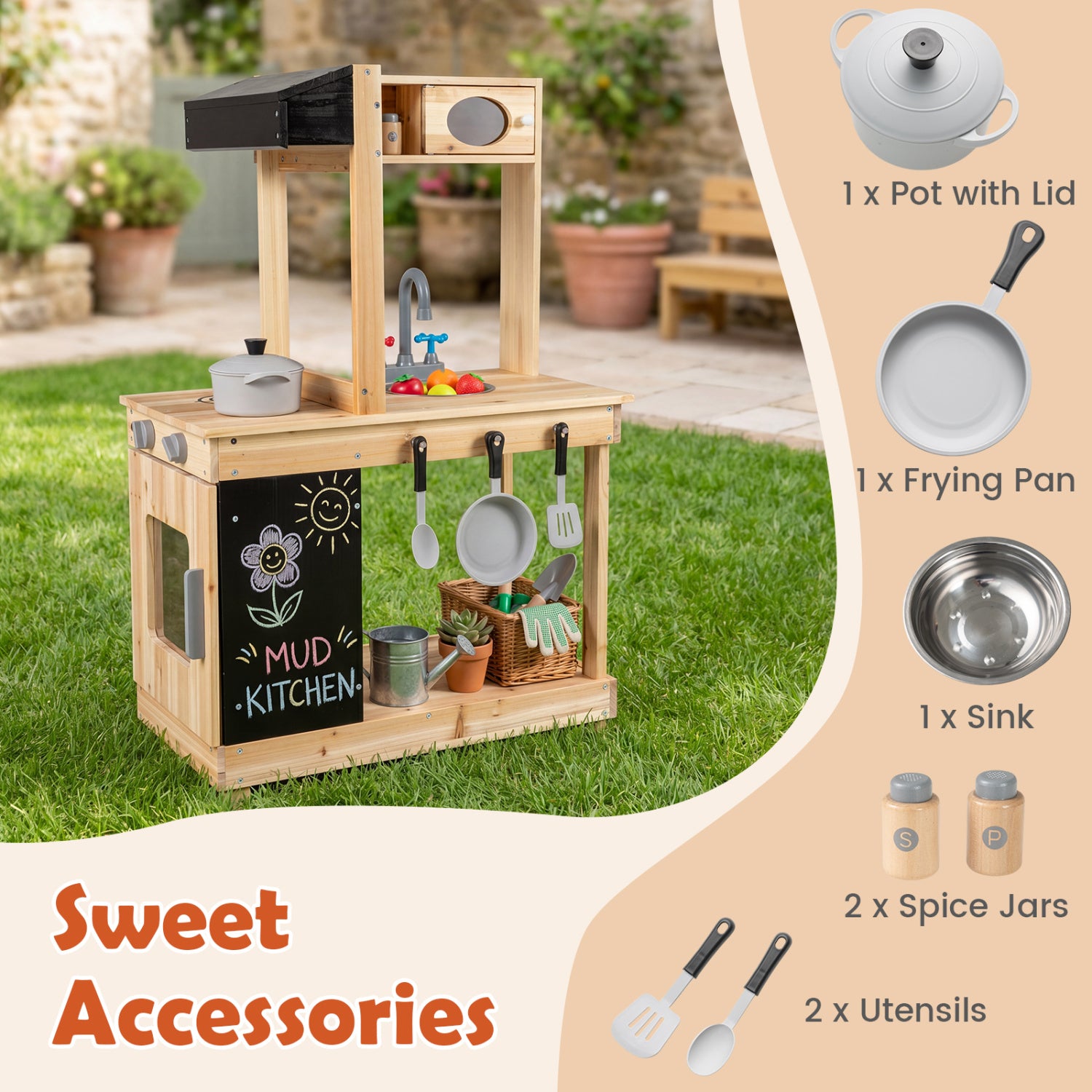 Kids Outdoor Wooden Mud Kitchen with Stoves and Chalkboard, Natural Play Kitchen Sets at Gallery Canada