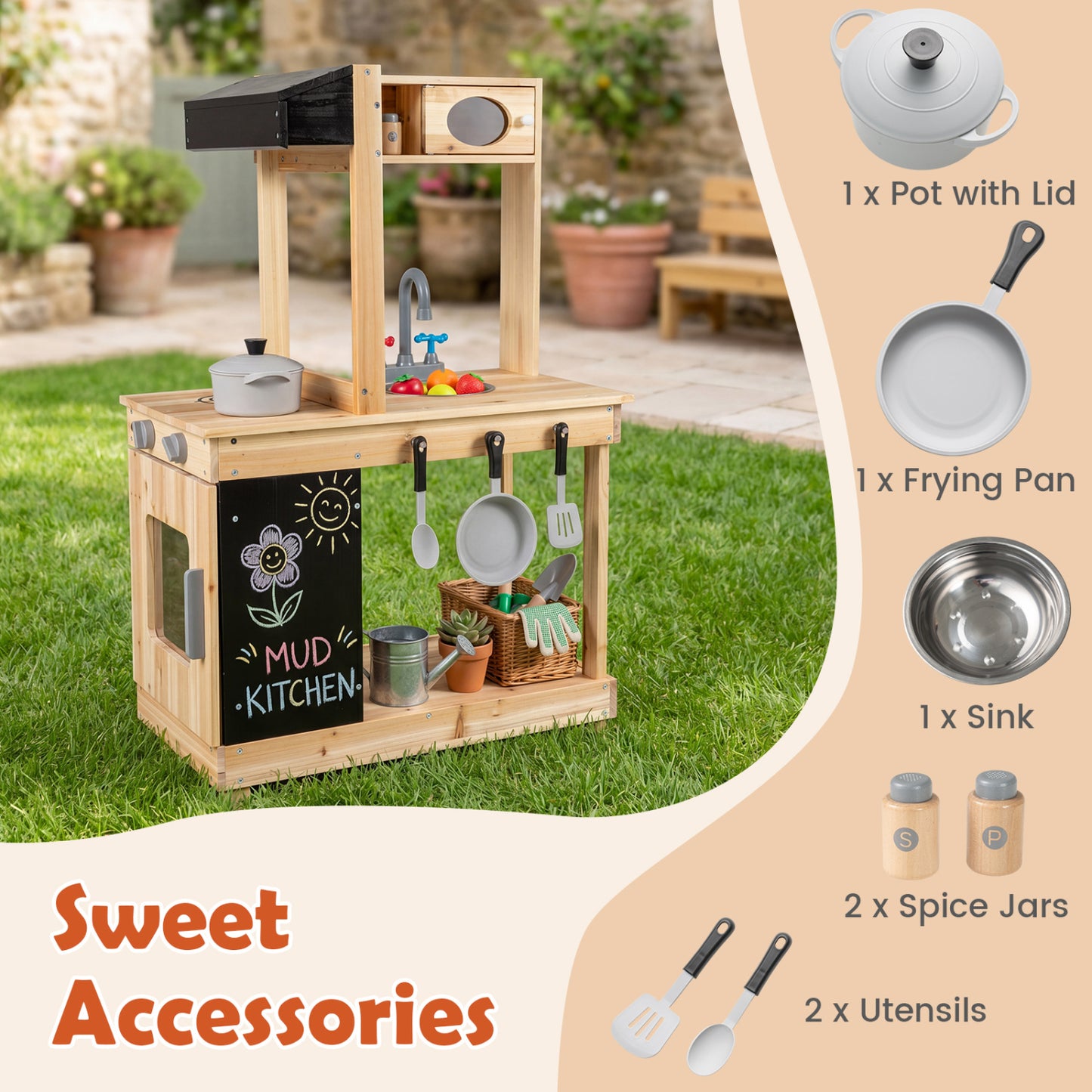 Kids Outdoor Wooden Mud Kitchen with Stoves and Chalkboard, Natural Play Kitchen Sets at Gallery Canada