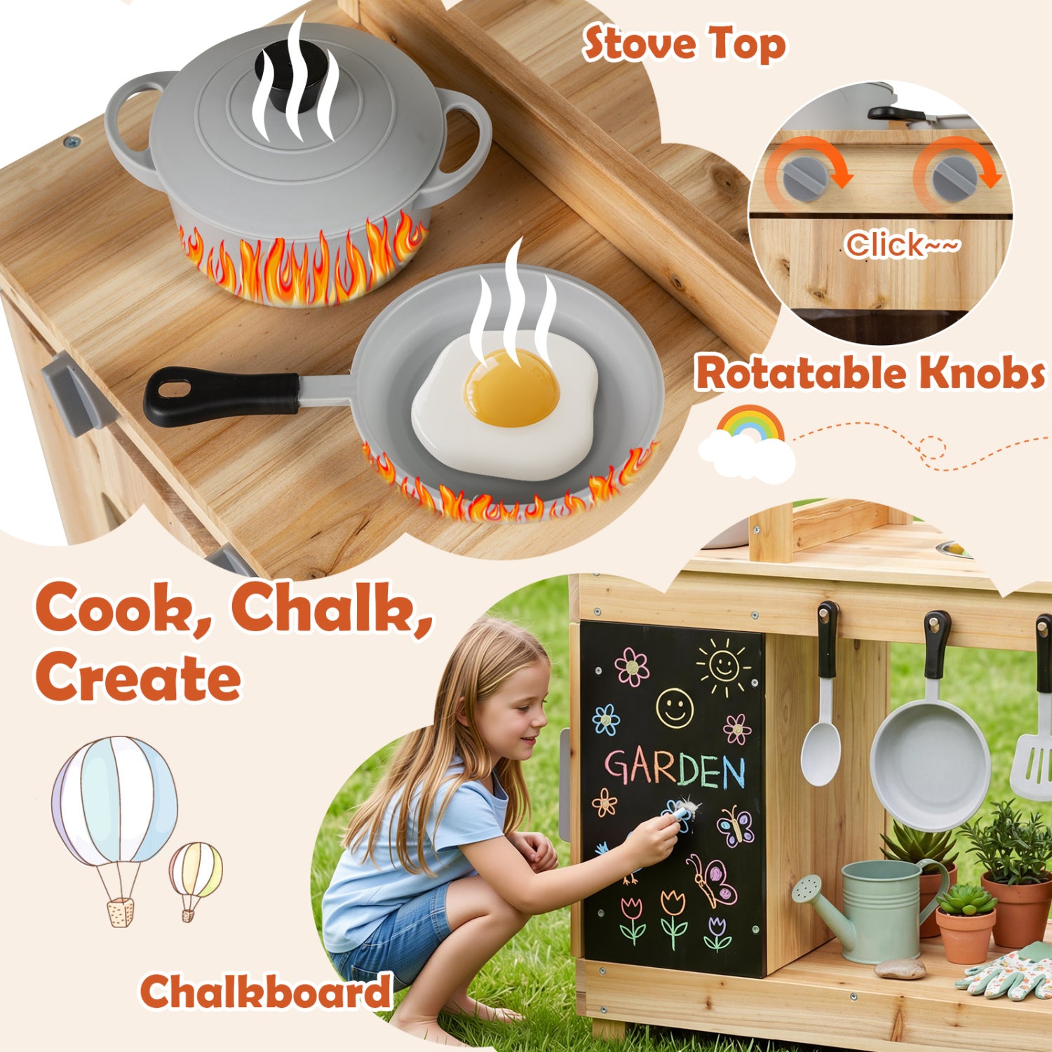 Kids Outdoor Wooden Mud Kitchen with Stoves and Chalkboard, Natural Play Kitchen Sets at Gallery Canada