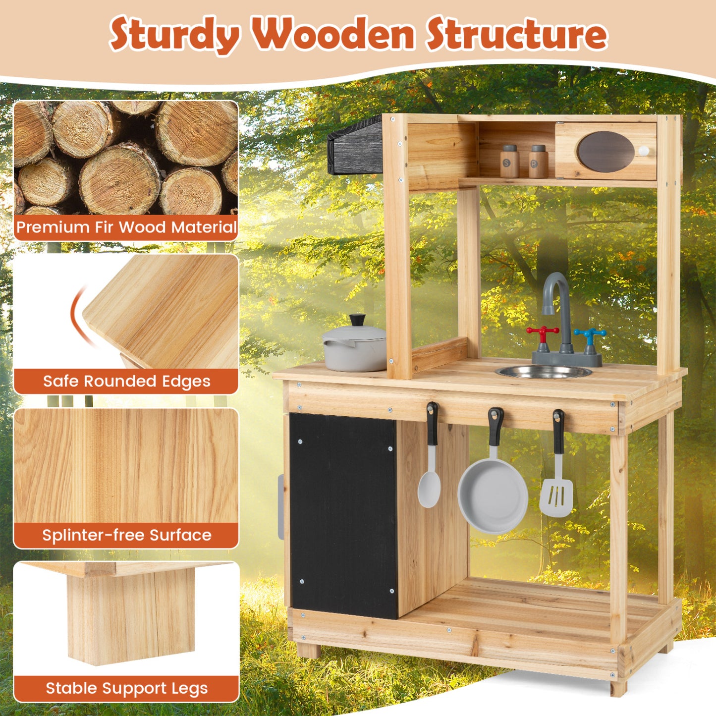 Kids Outdoor Wooden Mud Kitchen with Stoves and Chalkboard, Natural Play Kitchen Sets at Gallery Canada