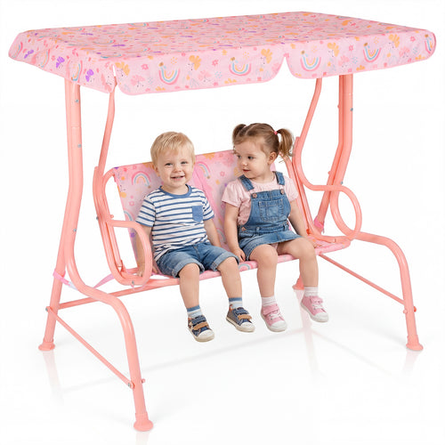 Kids 2-Seater Patio Swing, Outdoor Porch Lounge Chair, Adjustable Canopy, Pink