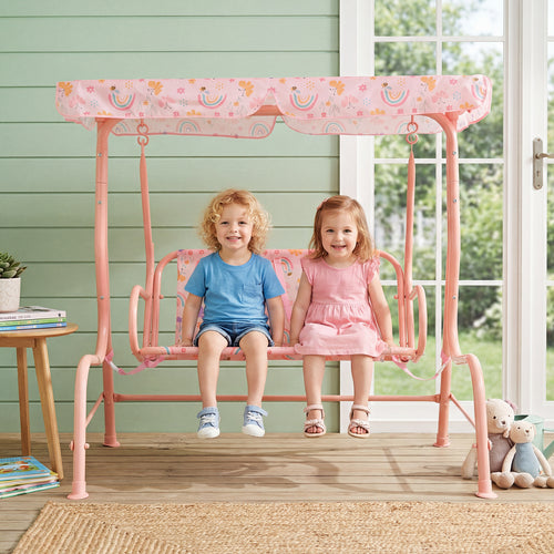 Kids 2-Seater Patio Swing, Outdoor Porch Lounge Chair, Adjustable Canopy, Pink