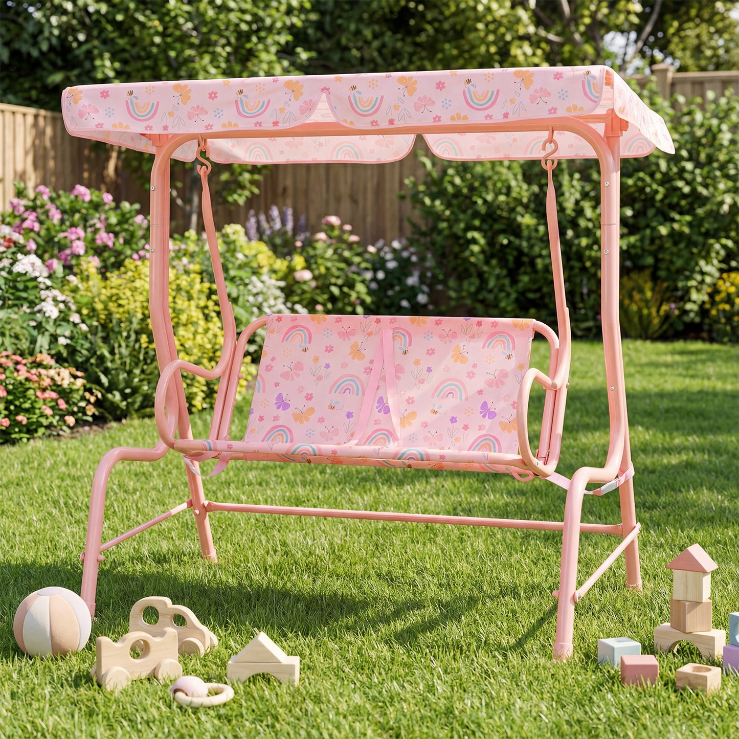 Kids 2-Seater Patio Swing, Outdoor Porch Lounge Chair, Adjustable Canopy, Pink Swing & Playsets at Gallery Canada