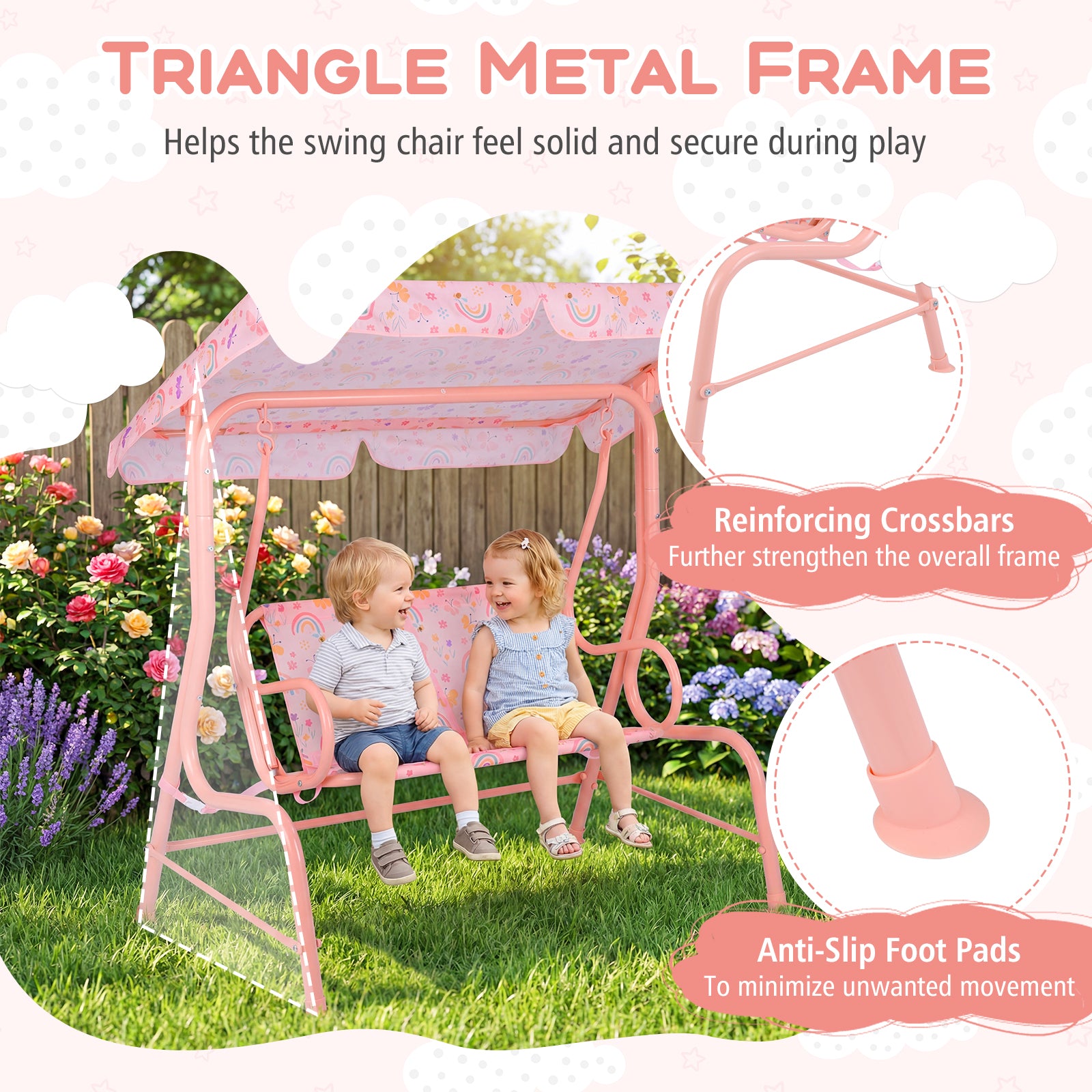 Kids 2-Seater Patio Swing, Outdoor Porch Lounge Chair, Adjustable Canopy, Pink Swing & Playsets at Gallery Canada