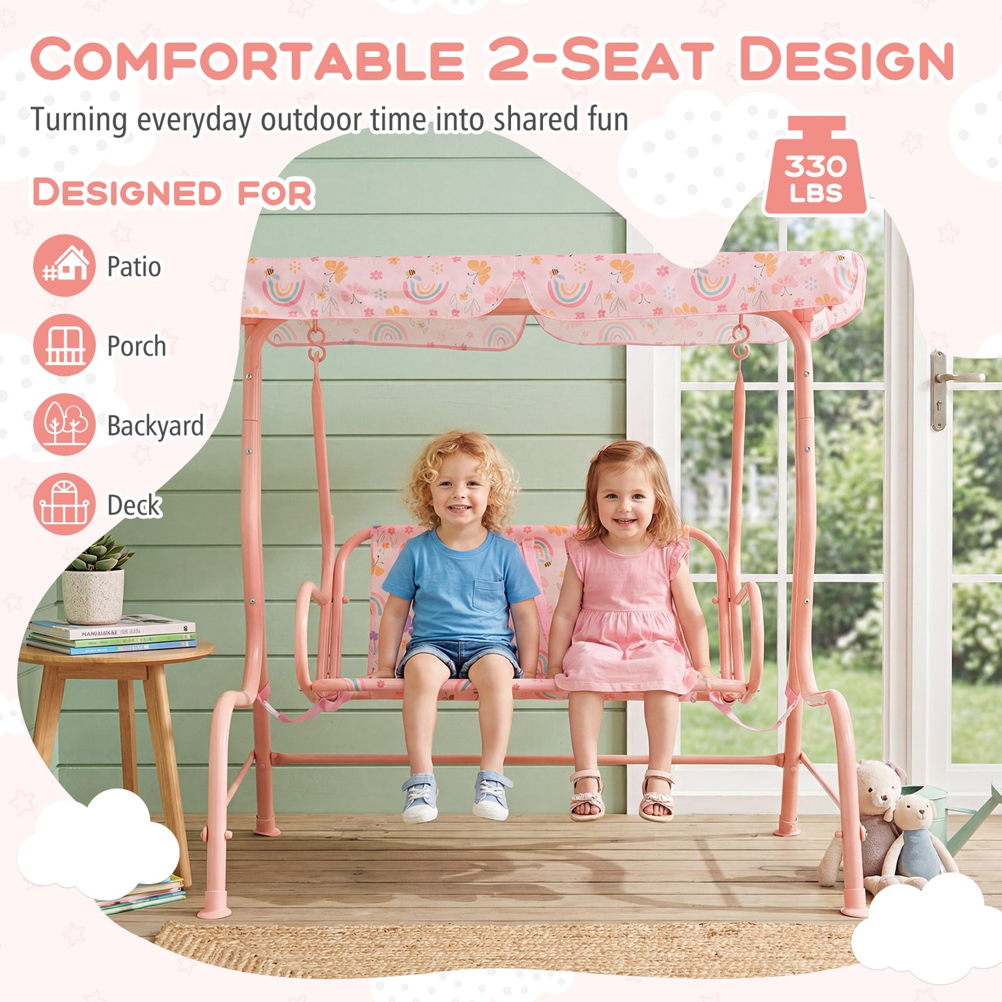 Kids 2-Seater Patio Swing, Outdoor Porch Lounge Chair, Adjustable Canopy, Pink Swing & Playsets at Gallery Canada