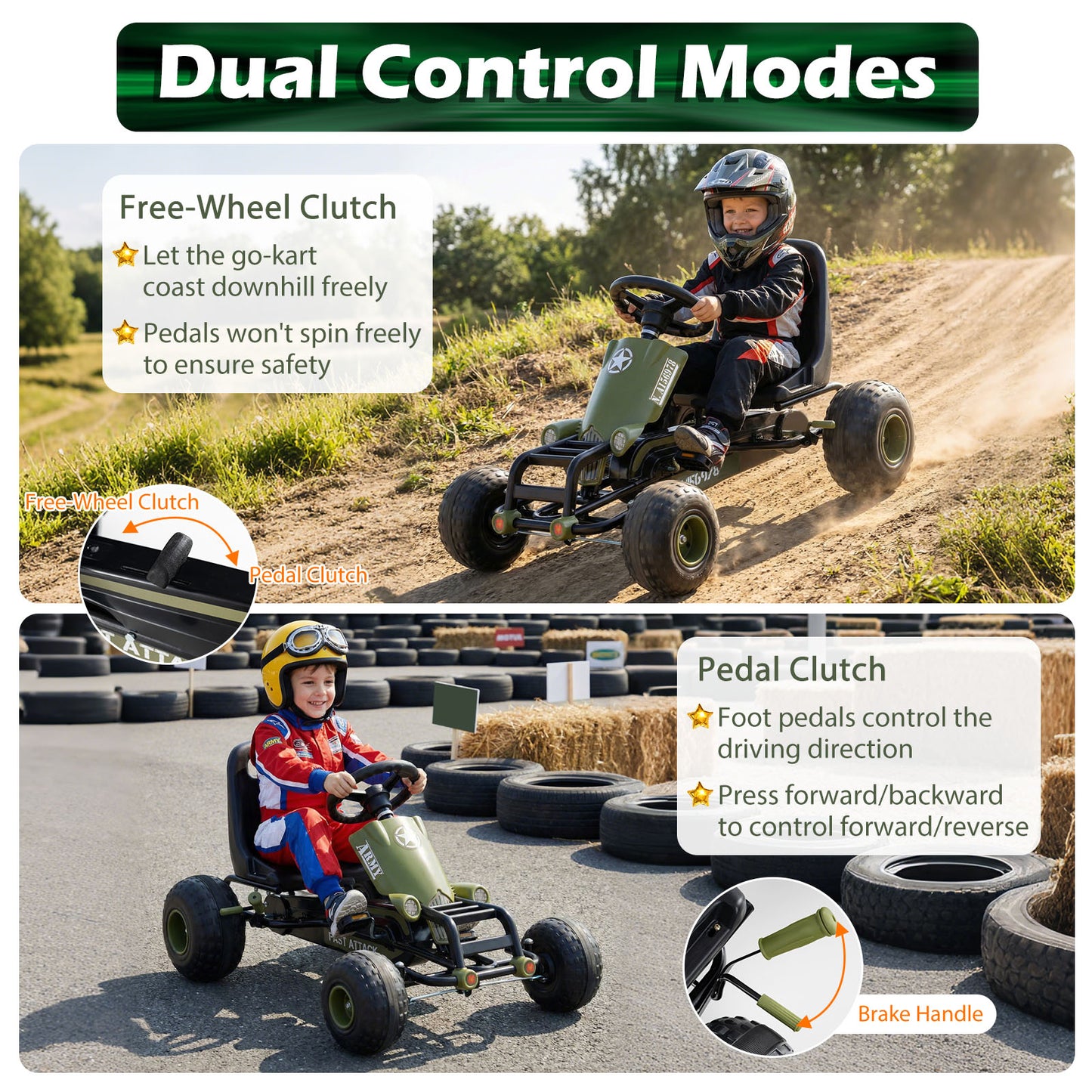 Kids Pedal Go Kart with Steering Wheel and Gear Shifter and Handbrake, Green Push & Pedal Ride On Toys at Gallery Canada