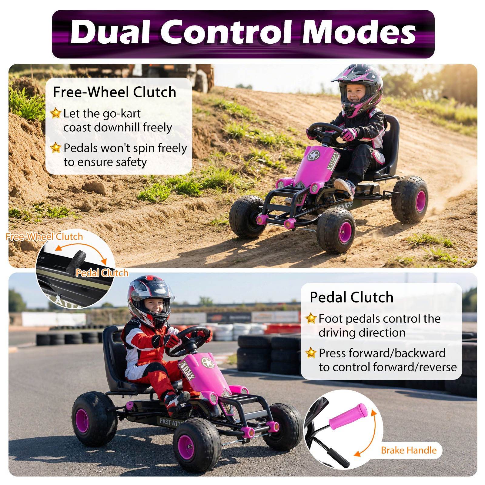 Kids Pedal Go Kart with Steering Wheel and Gear Shifter and Handbrake, Pink Push & Pedal Ride On Toys at Gallery Canada