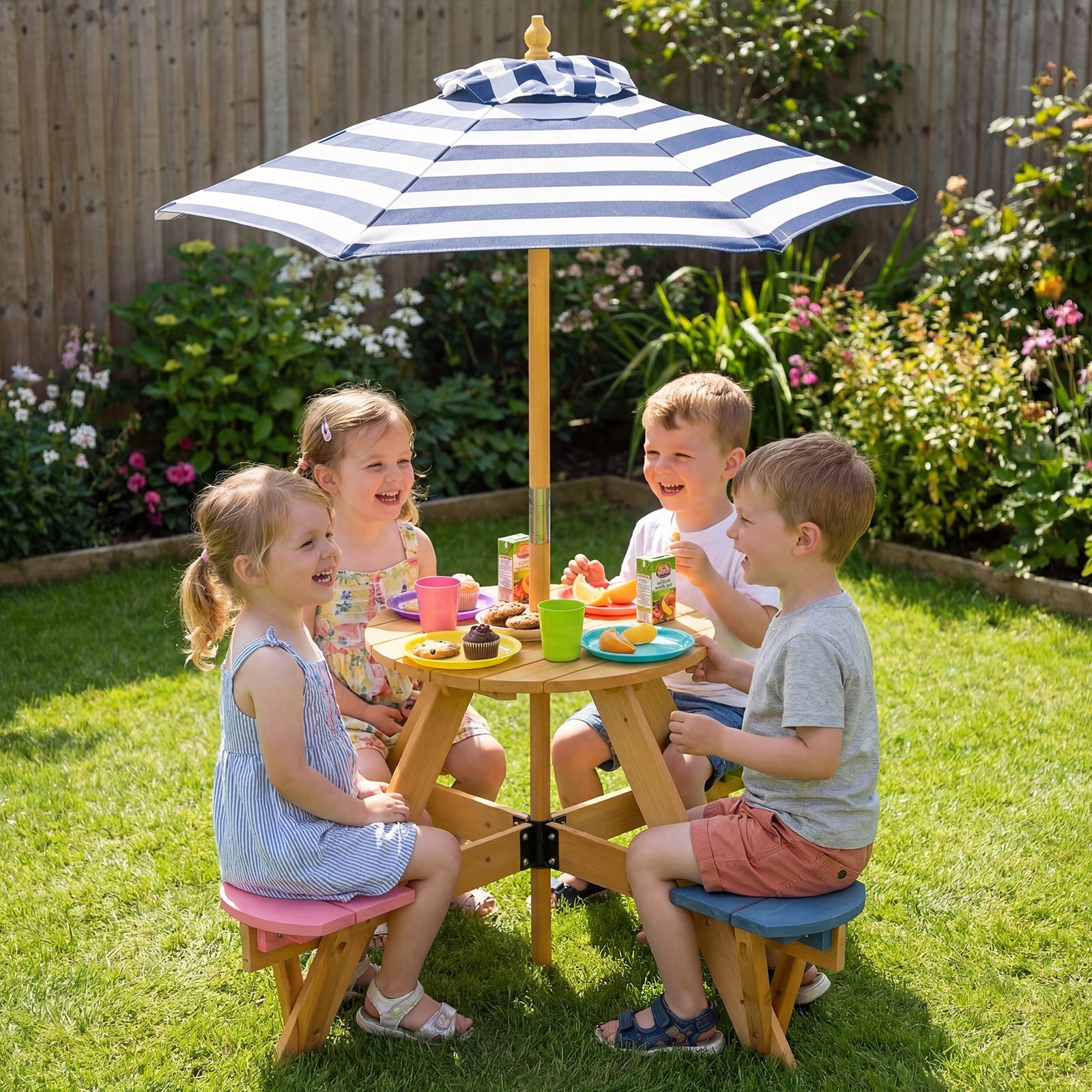 Kids Picnic Table With Stools, Foldable Adjustable Umbrella, Blue Kids Table & Chair Sets at Gallery Canada
