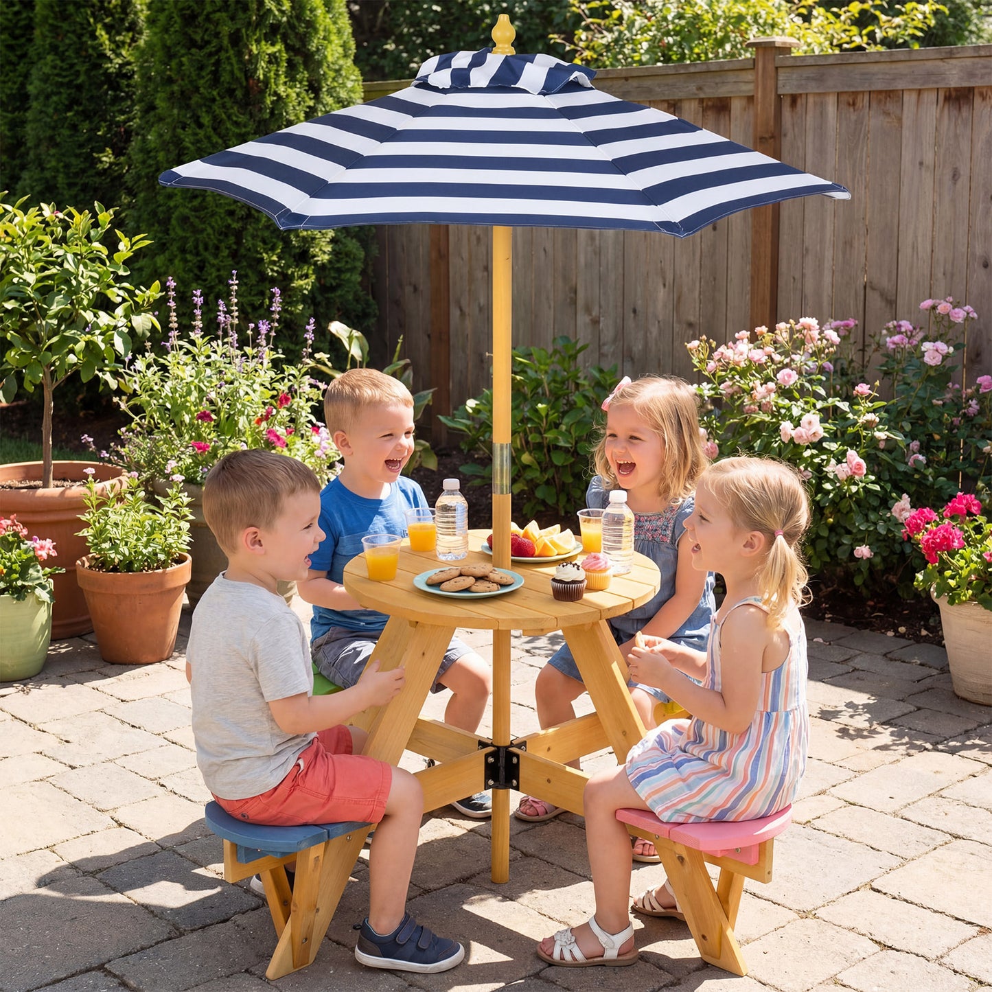 Kids Picnic Table With Stools, Foldable Adjustable Umbrella, Blue Kids Table & Chair Sets at Gallery Canada