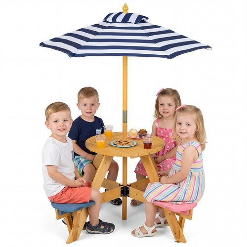 Kids Picnic Table With Stools, Foldable Adjustable Umbrella, Blue