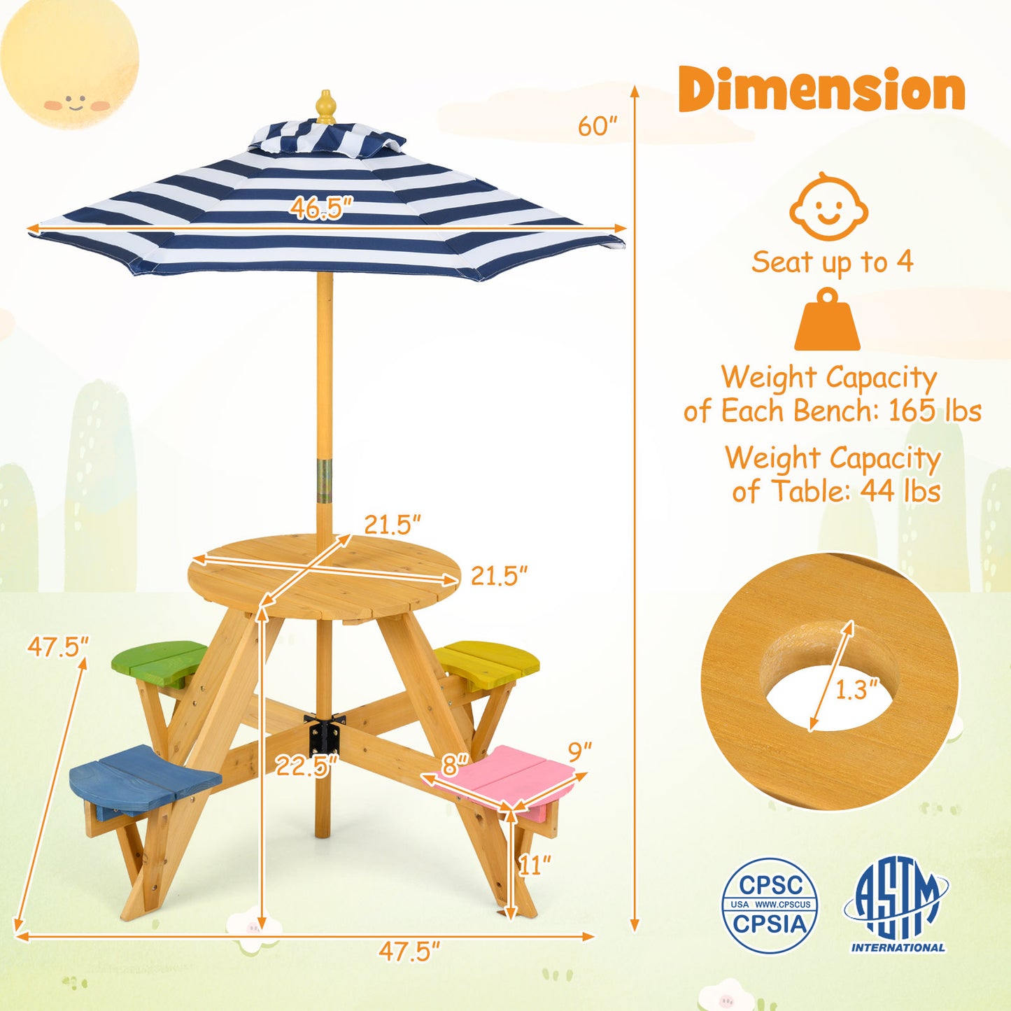 Kids Picnic Table With Stools, Foldable Adjustable Umbrella, Blue Kids Table & Chair Sets at Gallery Canada