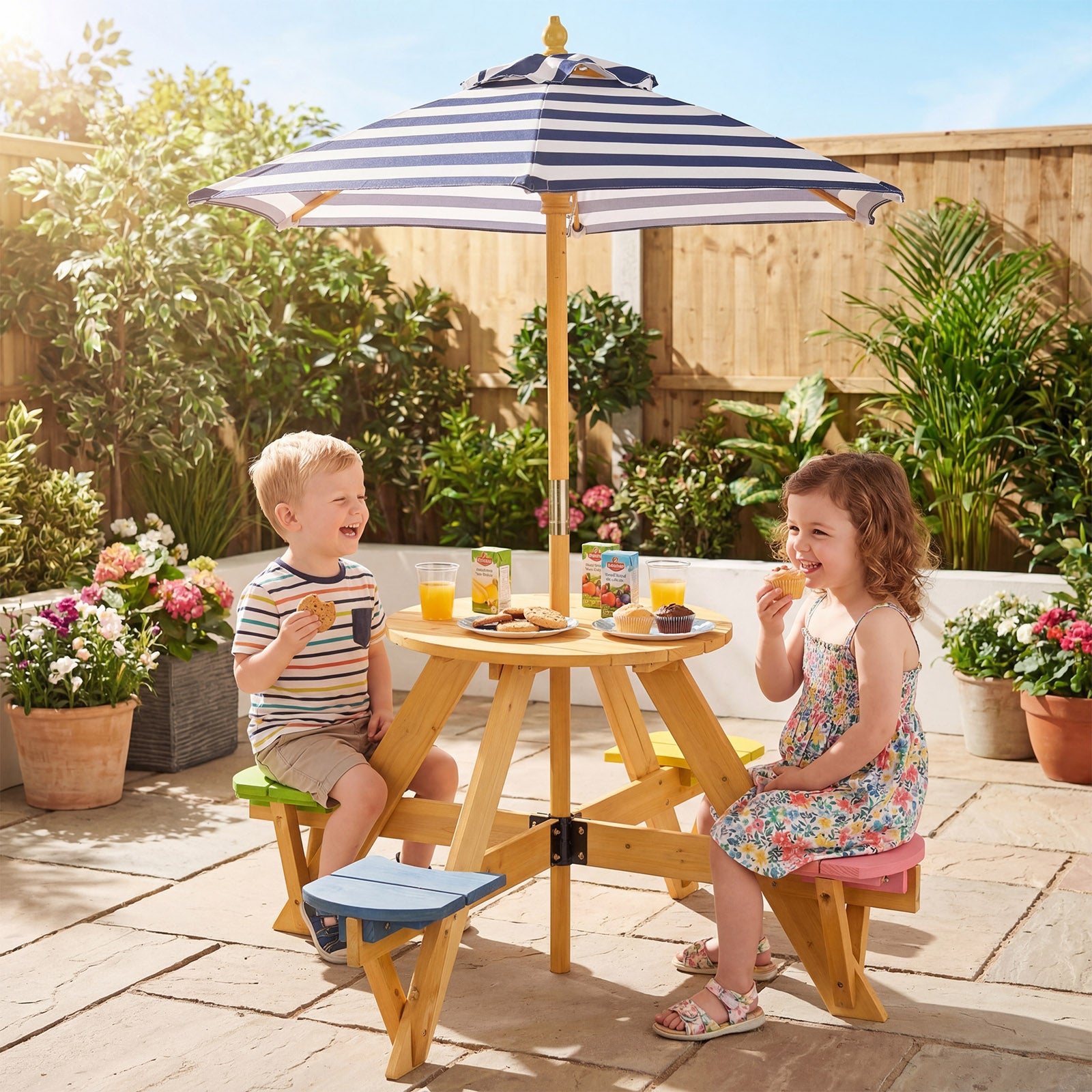 Kids Picnic Table With Stools, Foldable Adjustable Umbrella, Blue Kids Table & Chair Sets at Gallery Canada
