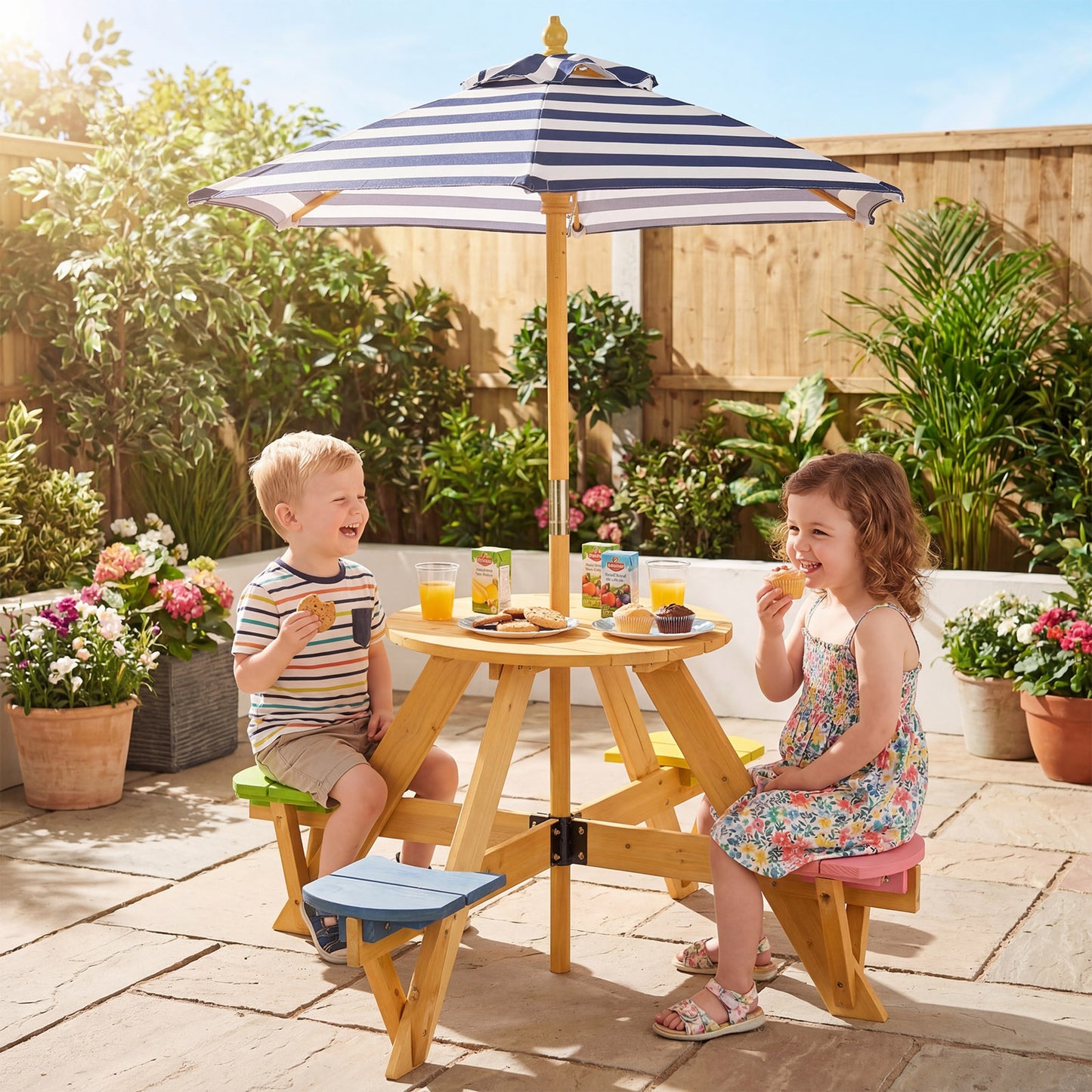 Kids Picnic Table With Stools, Foldable Adjustable Umbrella, Blue Kids Table & Chair Sets at Gallery Canada