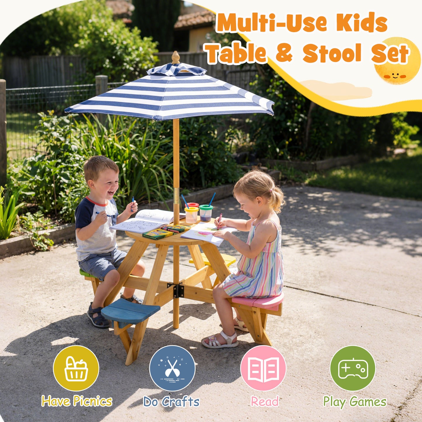 Kids Picnic Table With Stools, Foldable Adjustable Umbrella, Blue Kids Table & Chair Sets at Gallery Canada