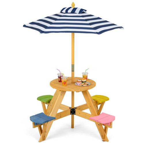 Kids Picnic Table With Stools, Foldable Adjustable Umbrella, Blue