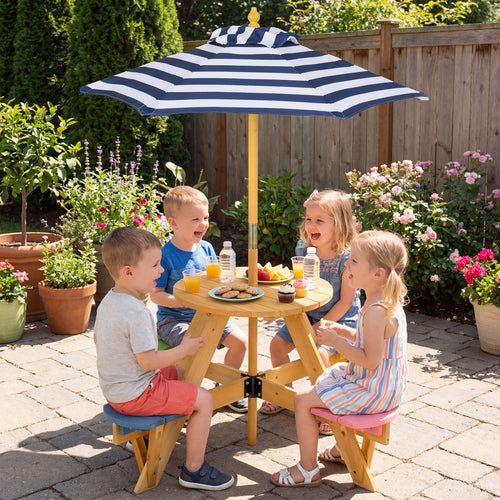 Kids Picnic Table With Stools, Foldable Adjustable Umbrella, Blue
