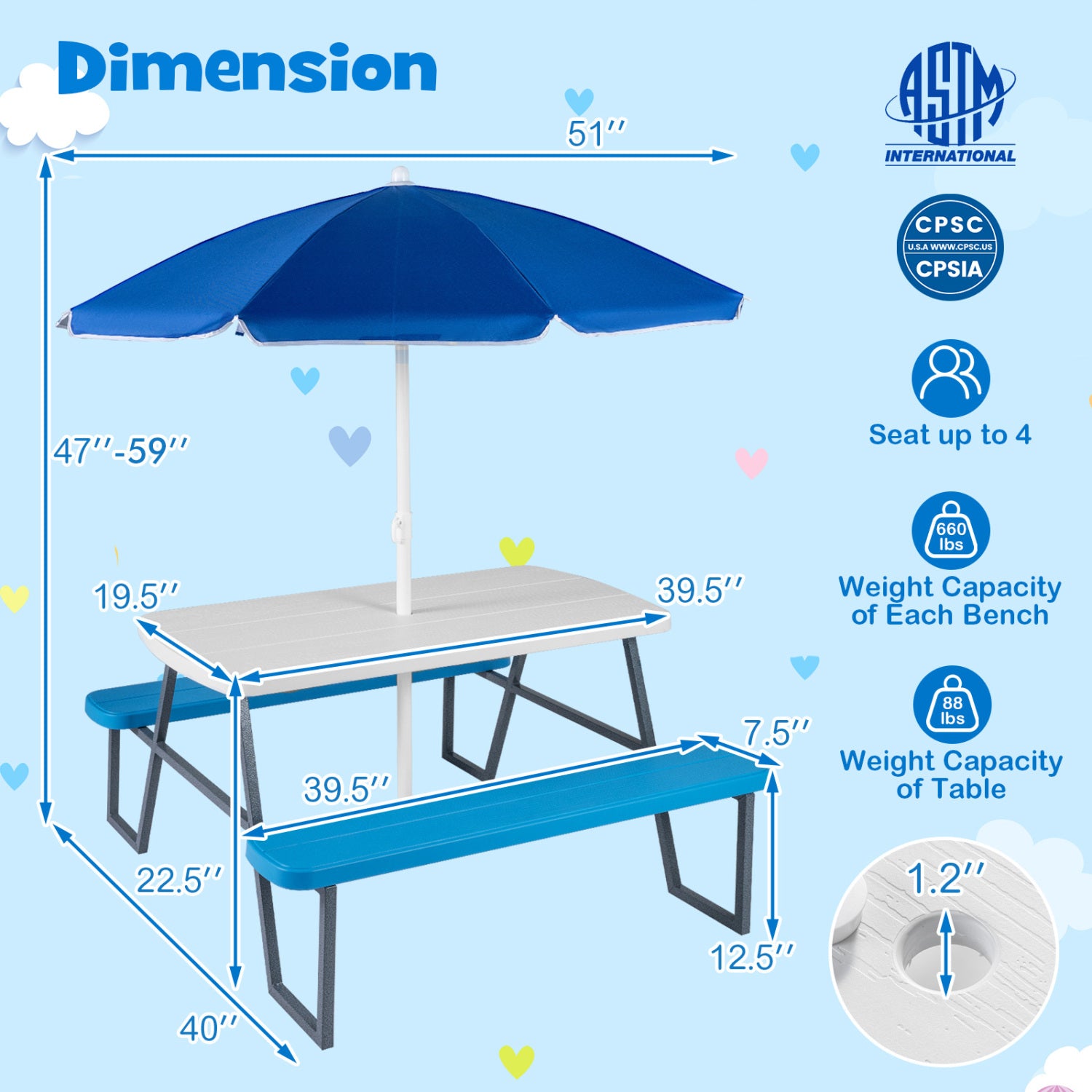 Kids Picnic Table with Benches, Blue Kids Table & Chair Sets at Gallery Canada