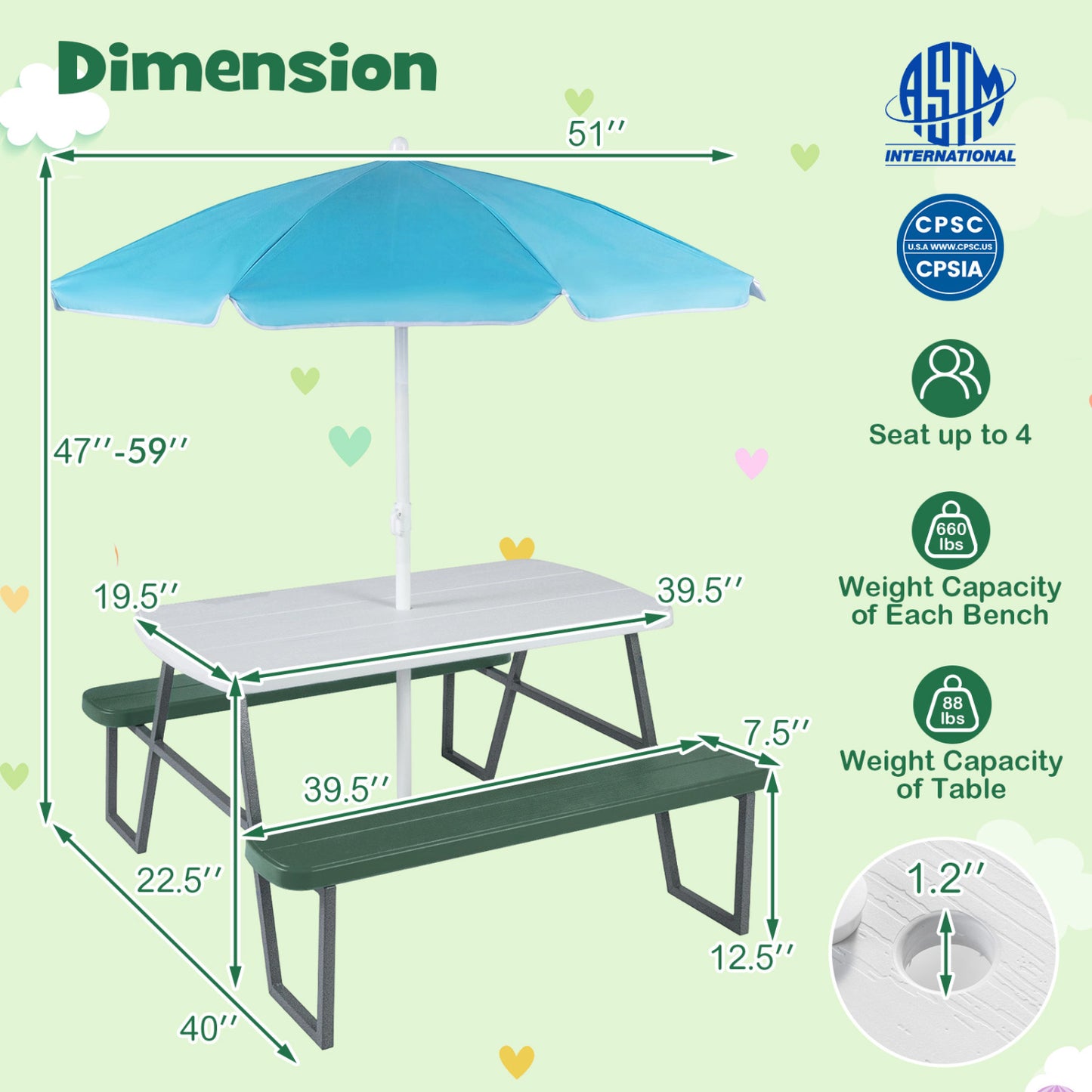 Kids Picnic Table with Benches, Green Kids Table & Chair Sets at Gallery Canada