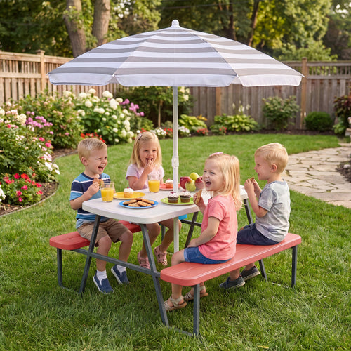 Kids Picnic Table with Benches, Seats 4, Pink