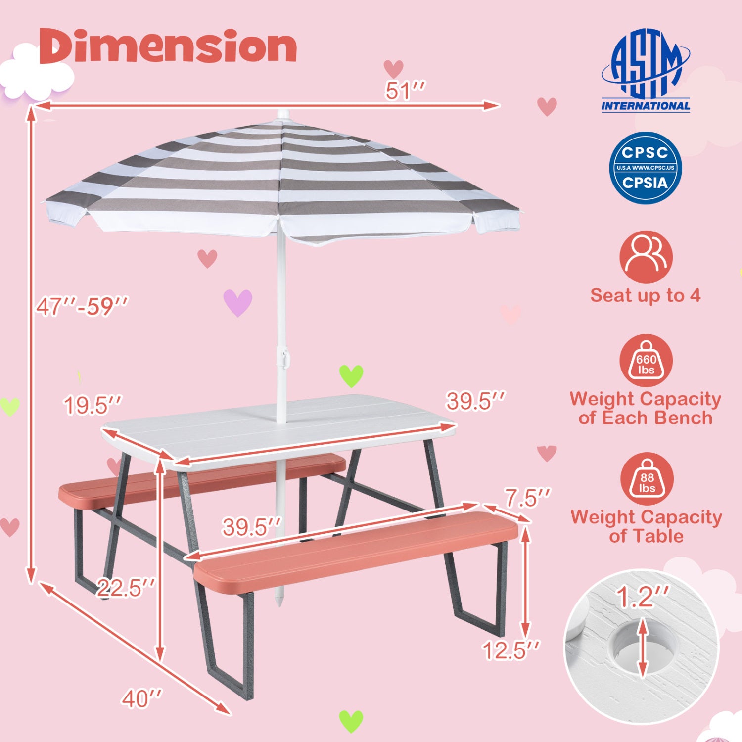 Kids Picnic Table with Benches, Seats 4, Pink Kids Table & Chair Sets at Gallery Canada