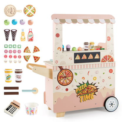 Kids Pizza Food Truck Wooden Pretend Play Snack Cart with Oven, Pink