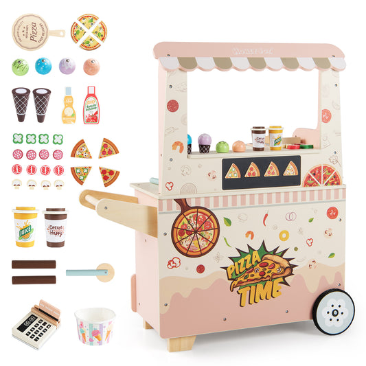 Kids Pizza Food Truck Wooden Pretend Play Snack Cart with Oven, Pink
