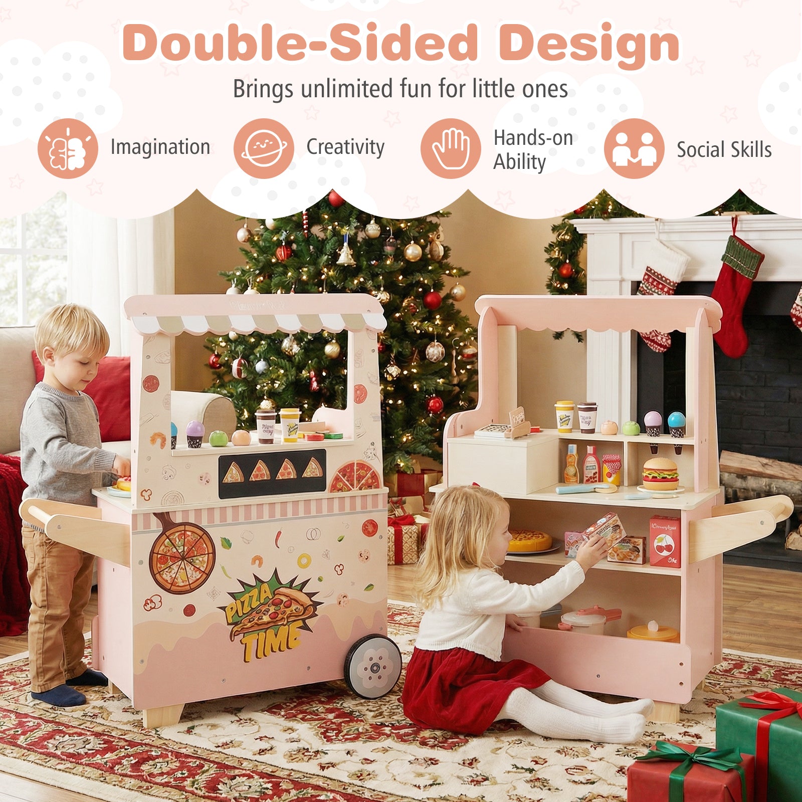 Kids Pizza Food Truck Wooden Pretend Play Snack Cart with Oven, Pink Play Kitchen Sets at Gallery Canada