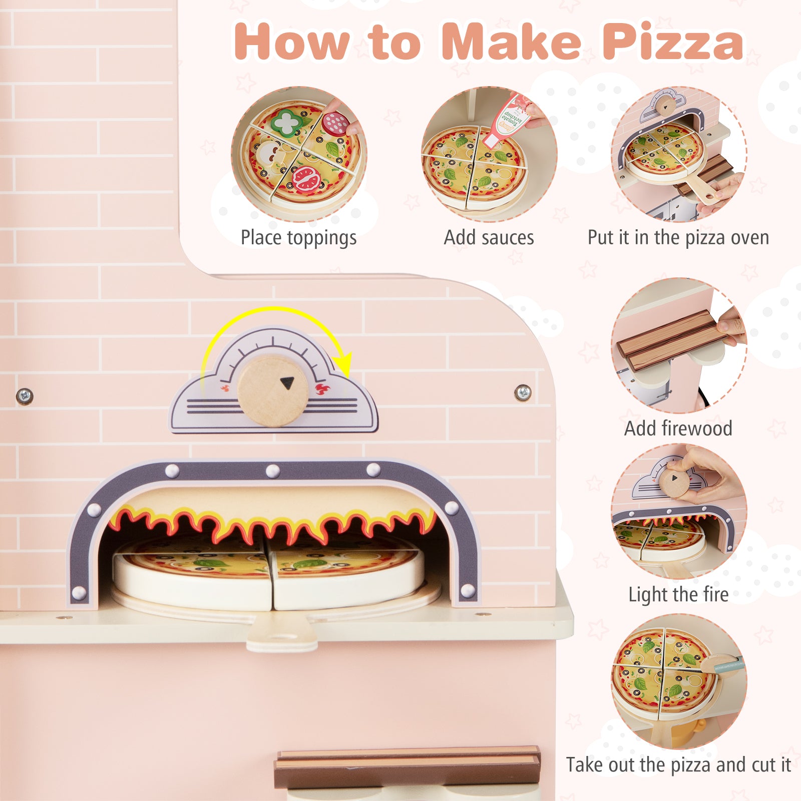 Kids Pizza Food Truck Wooden Pretend Play Snack Cart with Oven, Pink Play Kitchen Sets at Gallery Canada