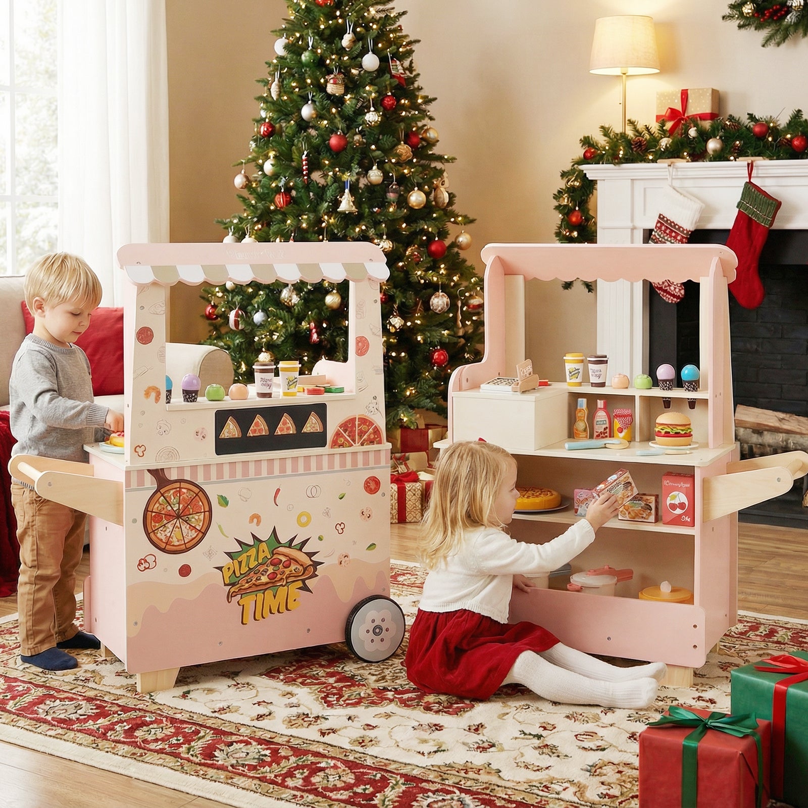 Kids Pizza Food Truck Wooden Pretend Play Snack Cart with Oven, Pink Play Kitchen Sets at Gallery Canada