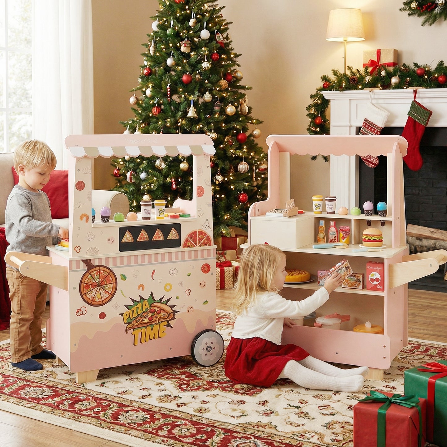 Kids Pizza Food Truck Wooden Pretend Play Snack Cart with Oven, Pink Play Kitchen Sets at Gallery Canada