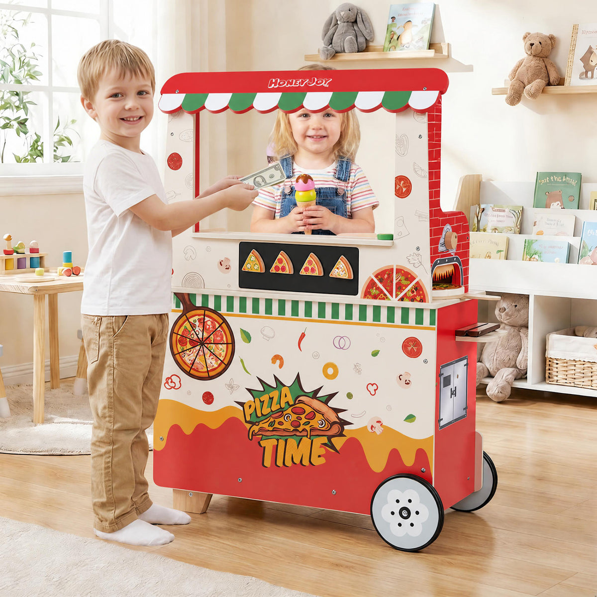 Kids Wooden Pizza Food Truck Pretend Play, Red