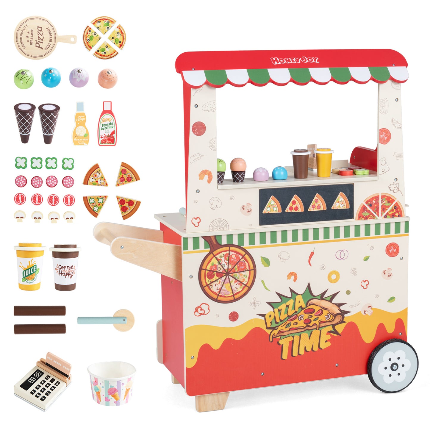 Kids Wooden Pizza Food Truck Pretend Play, Red