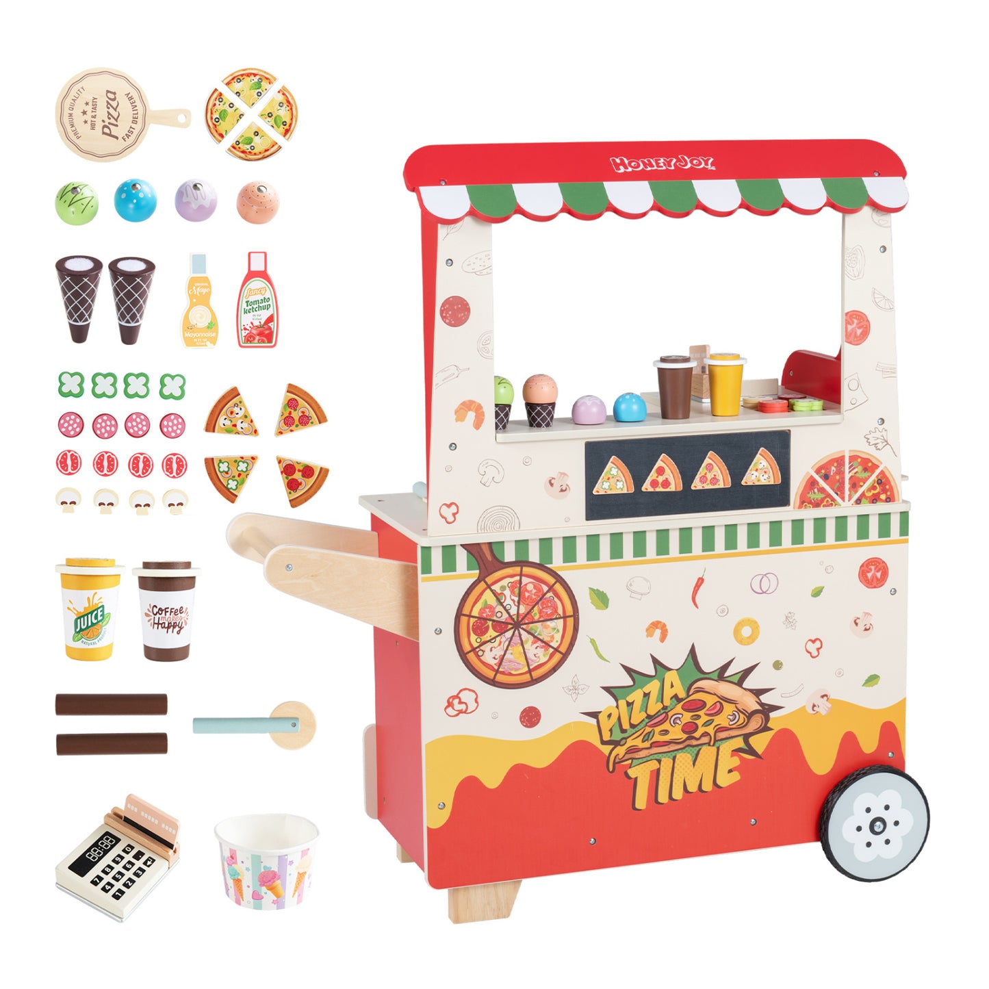 Kids Wooden Pizza Food Truck Pretend Play, Red