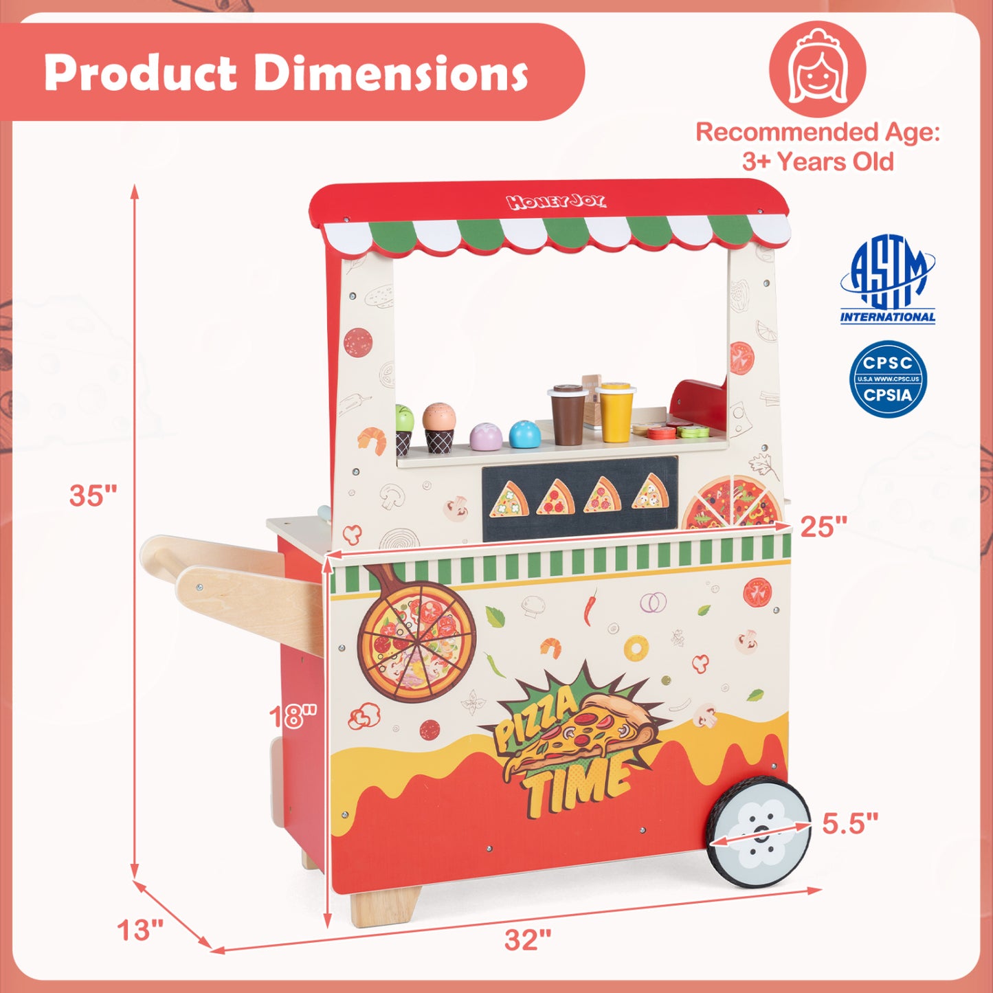 Kids Wooden Pizza Food Truck Pretend Play, Red