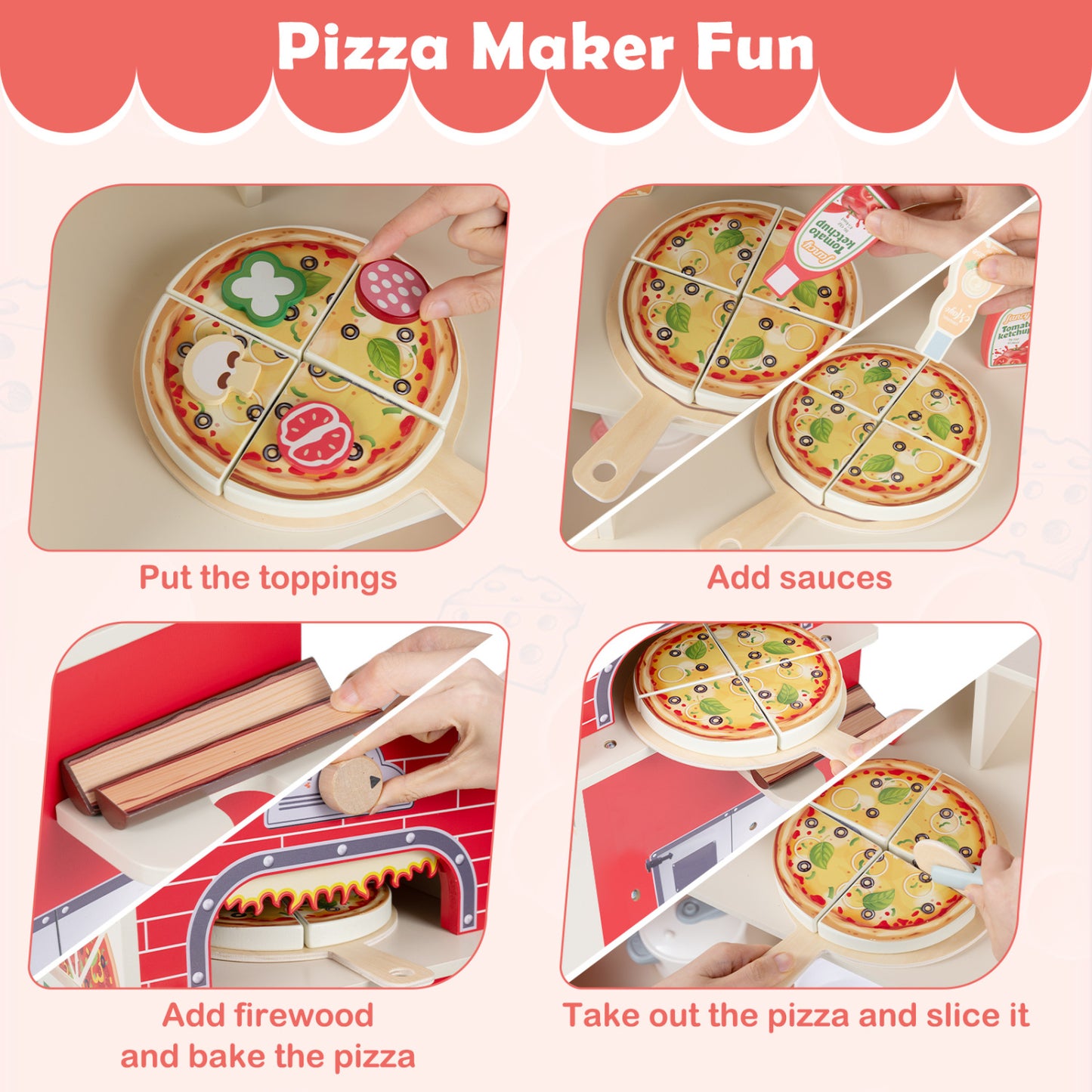 Kids Wooden Pizza Food Truck Pretend Play, Red