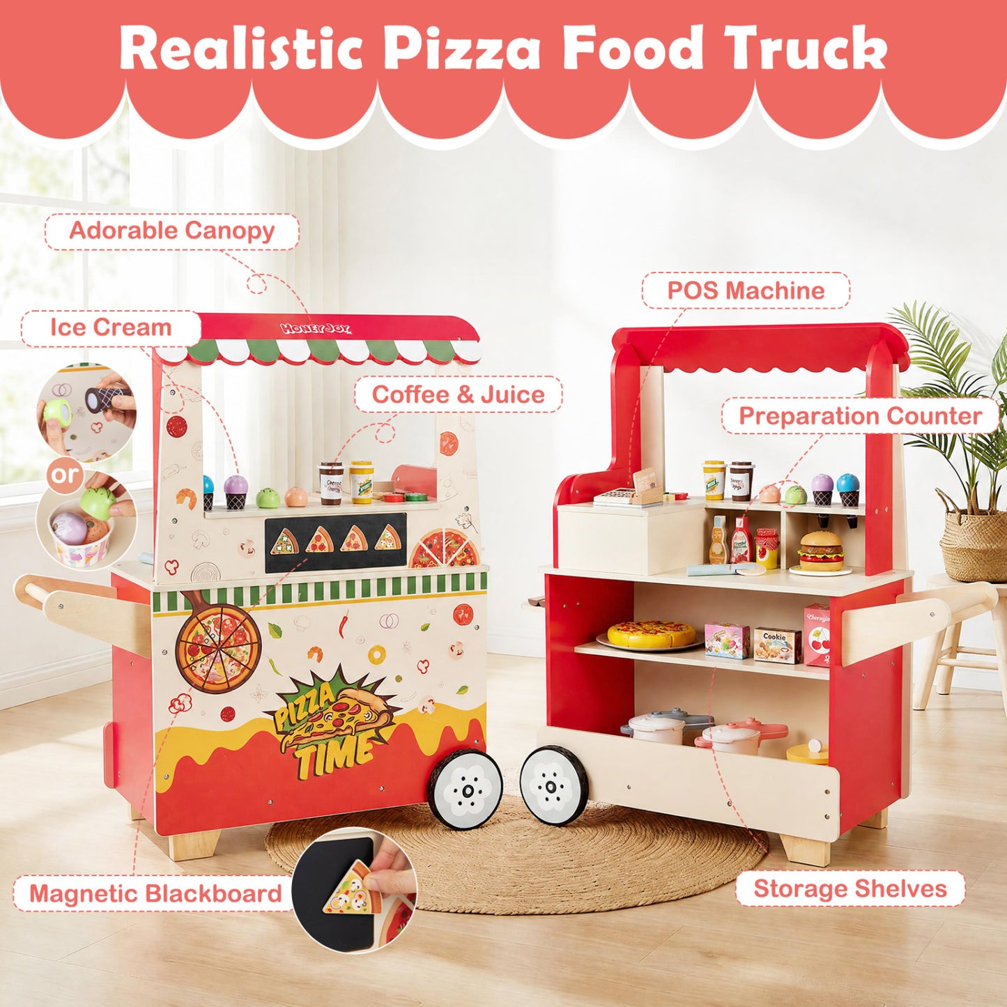 Kids Wooden Pizza Food Truck Pretend Play, Red