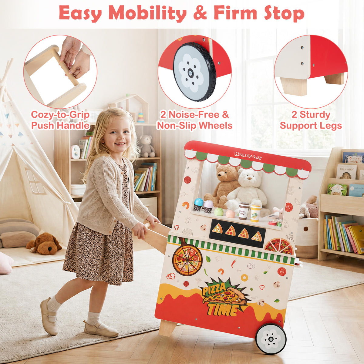 Kids Wooden Pizza Food Truck Pretend Play, Red