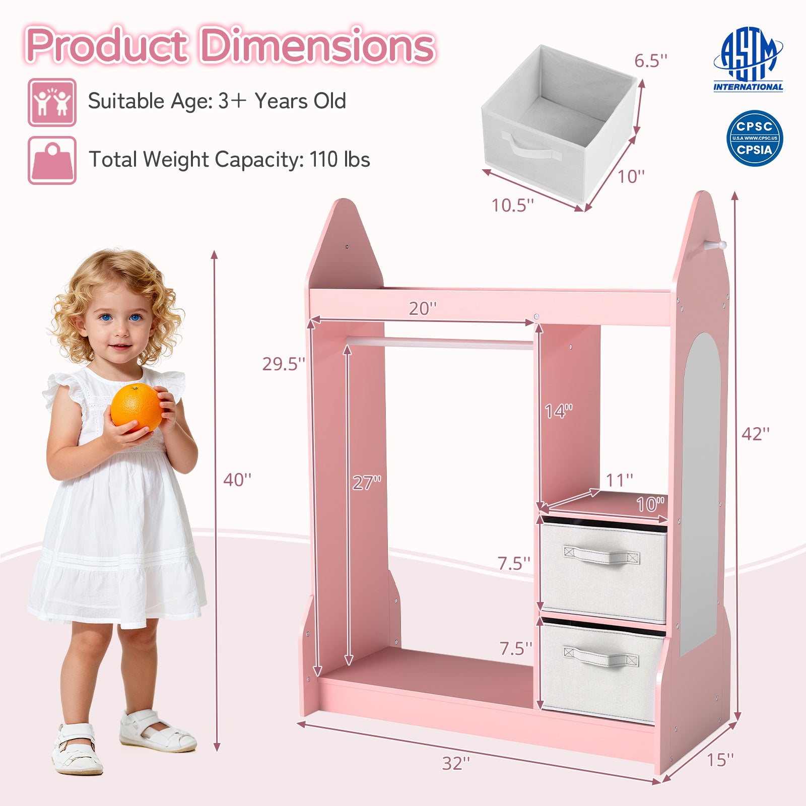 Kids Play Armoire Dresser with Cloth Hanger, Pink Kids Storage at Gallery Canada