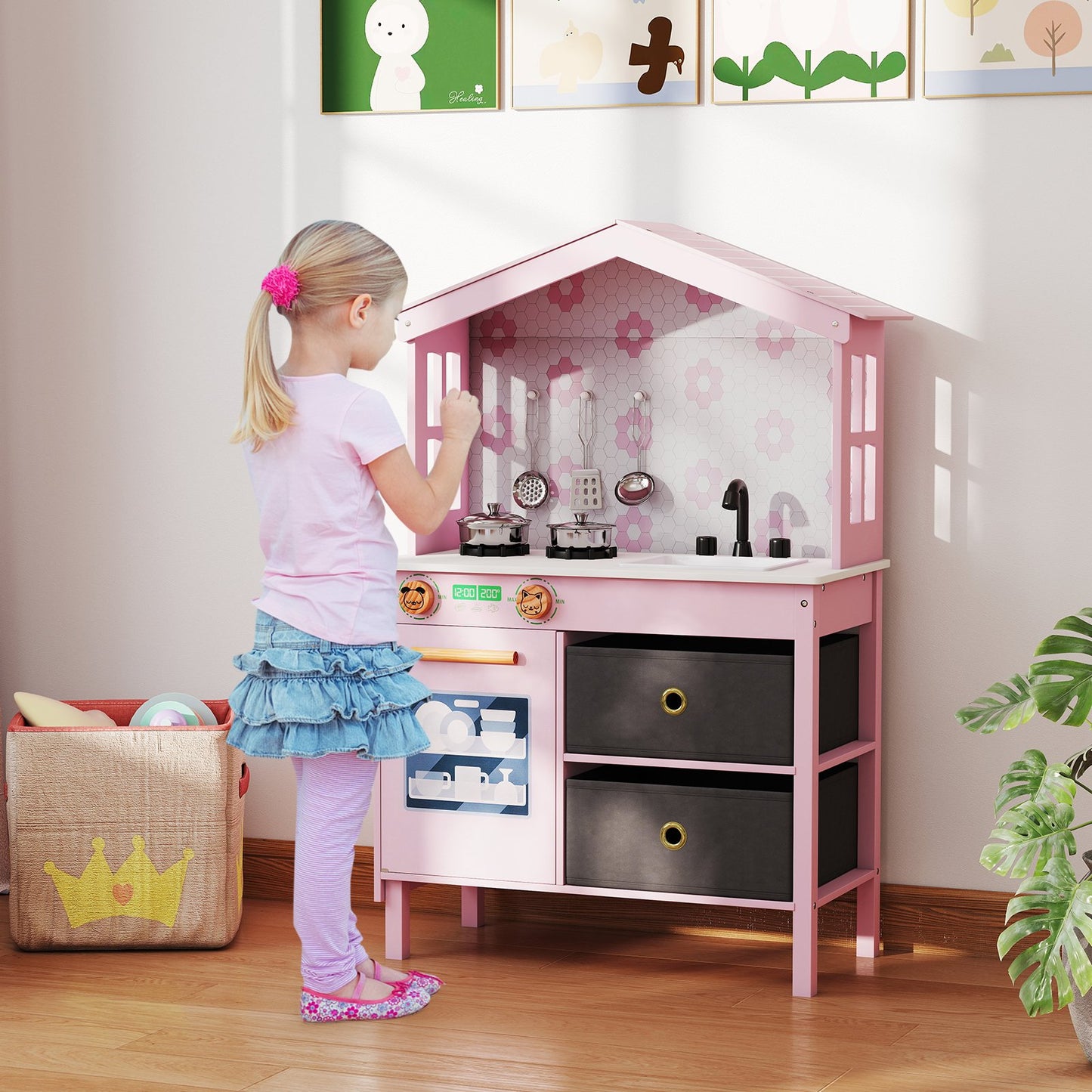 Kids Play Kitchen Children Toy Kitchen Playset with 2 Stoves and Rotation Knobs, Pink Play Kitchen Sets at Gallery Canada