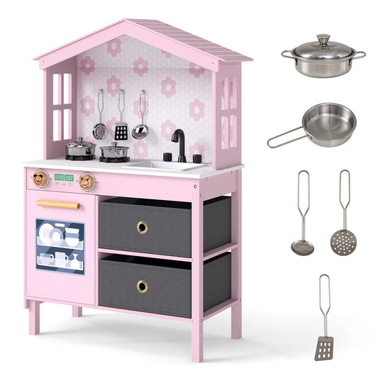 Kids Play Kitchen Children Toy Kitchen Playset with 2 Stoves and Rotation Knobs, Pink Play Kitchen Sets Pink at Gallery Canada