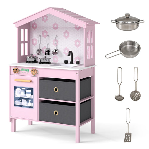 Kids Play Kitchen Children Toy Kitchen Playset with 2 Stoves and Rotation Knobs, Pink