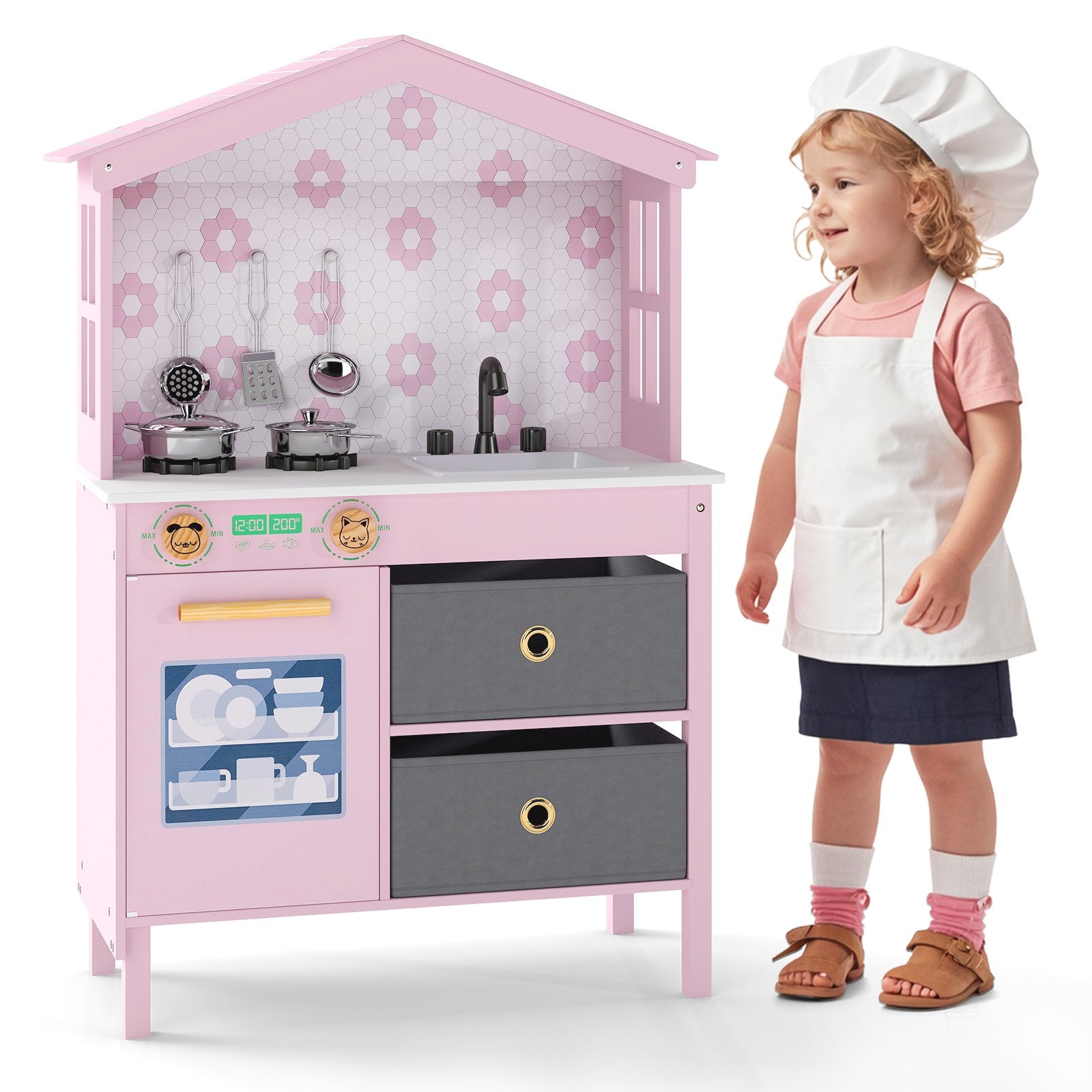 Kids Play Kitchen Children Toy Kitchen Playset with 2 Stoves and Rotation Knobs, Pink Play Kitchen Sets at Gallery Canada