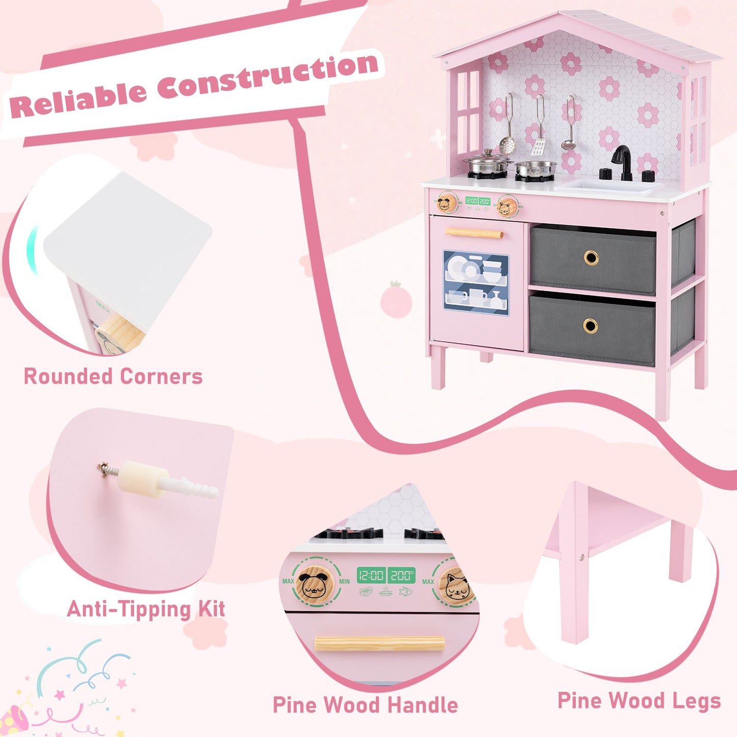 Kids Play Kitchen Children Toy Kitchen Playset with 2 Stoves and Rotation Knobs, Pink Play Kitchen Sets at Gallery Canada