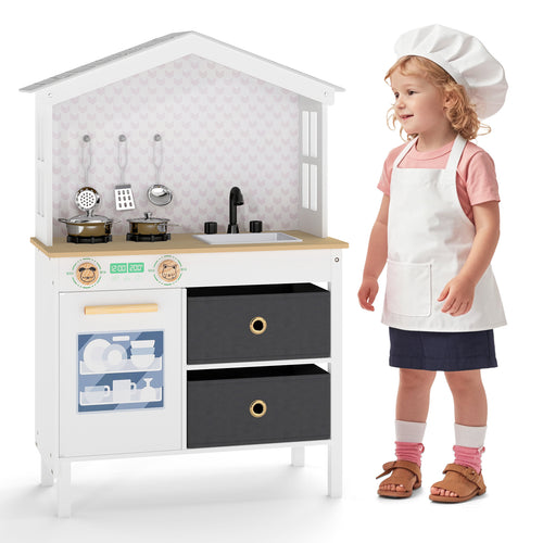 Kids Play Kitchen Playset, 2 Stoves, Rotation Knobs, White