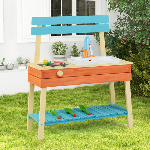 Kids Play Kitchen Set  Wooden Kitchen Playset Chef Pretend Mud Kitchen, Multicolor