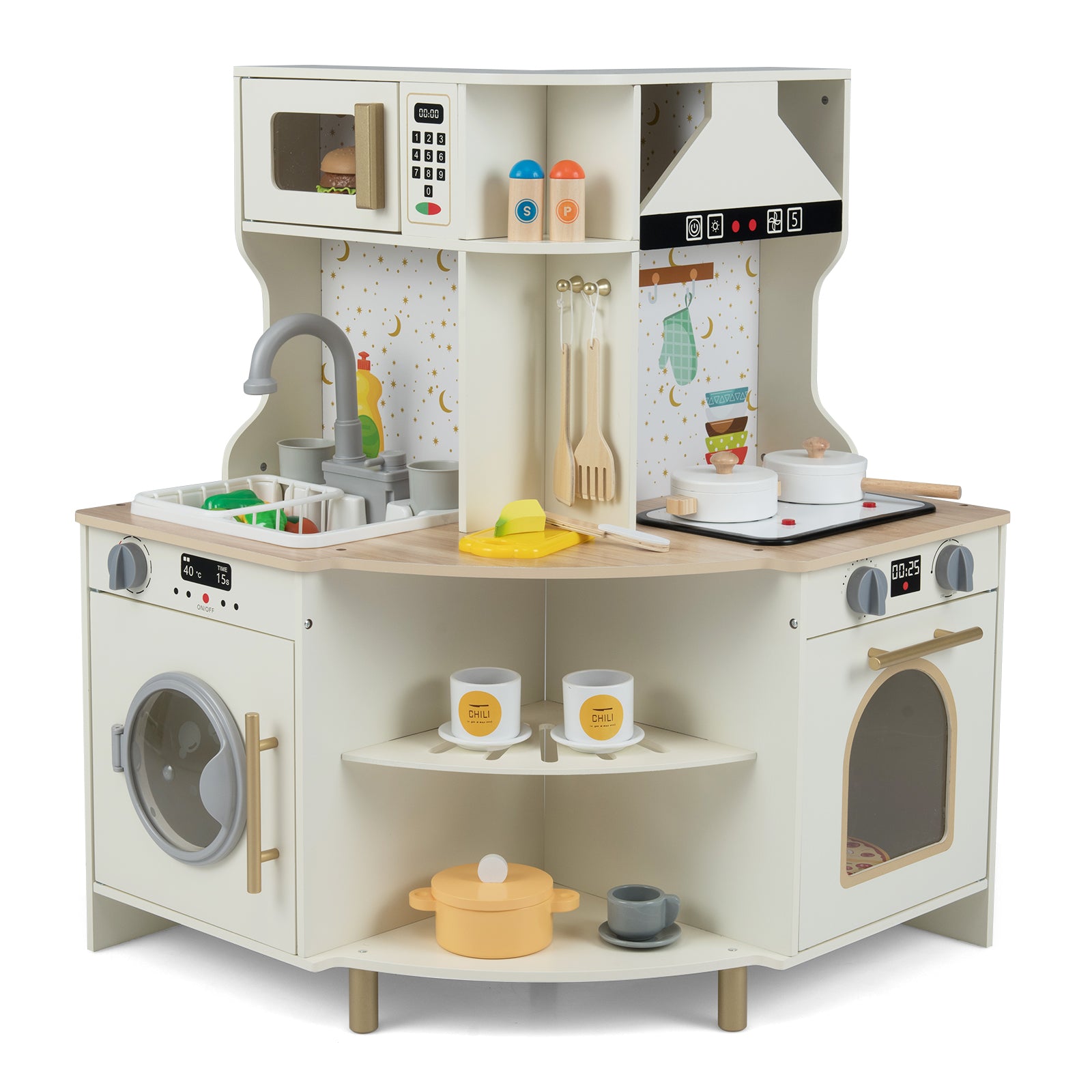 Kids Play Kitchen Wooden Corner Kitchen Playset with Working Faucet and Sink, Beige Play Kitchen Sets Beige at Gallery Canada