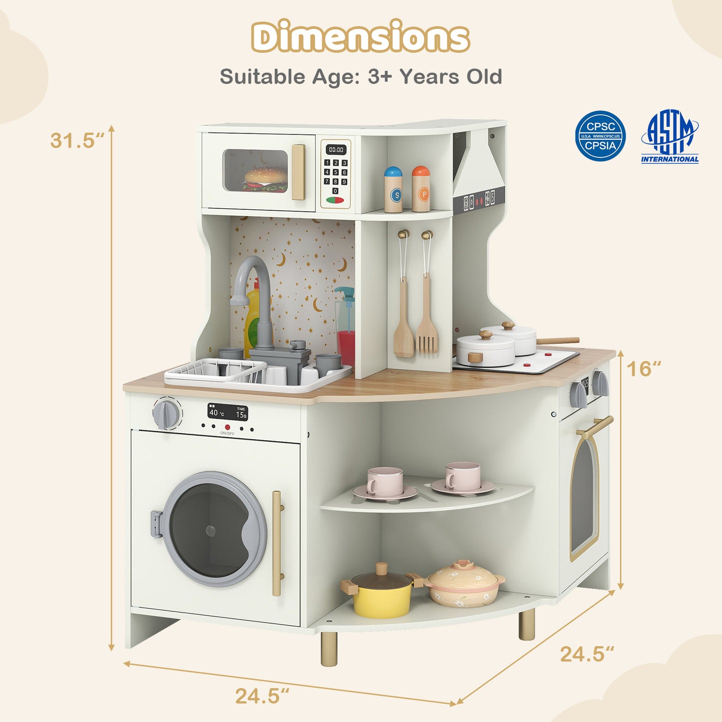 Kids Play Kitchen Wooden Corner Kitchen Playset with Working Faucet and Sink, Beige Play Kitchen Sets at Gallery Canada